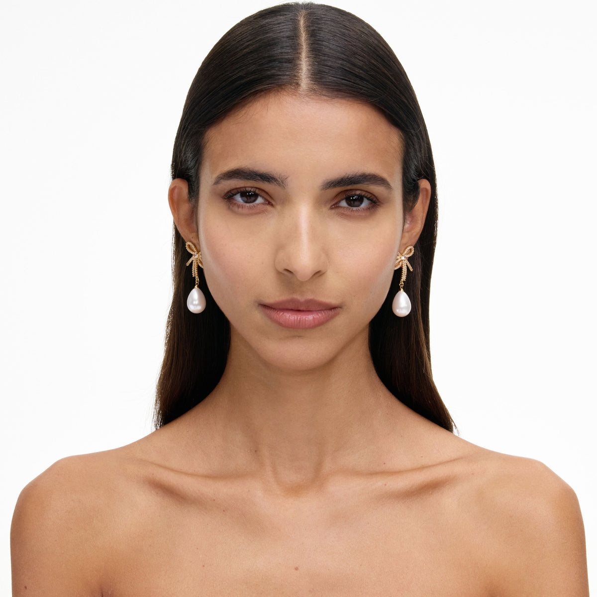 Gold Textured Bow Pearl Earrings