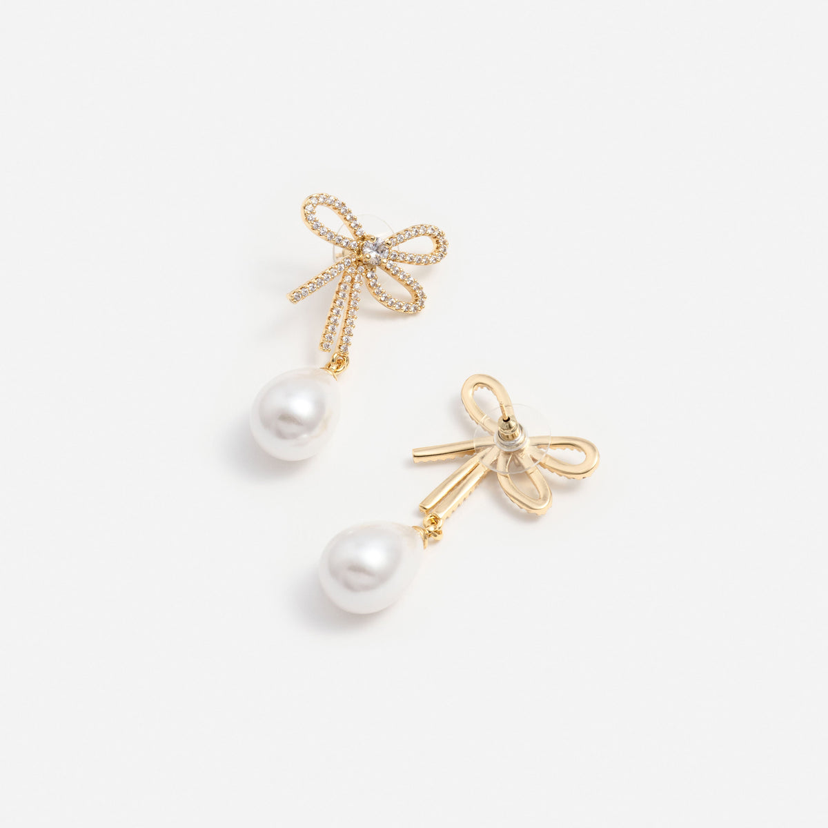 Gold Textured Bow Pearl Earrings