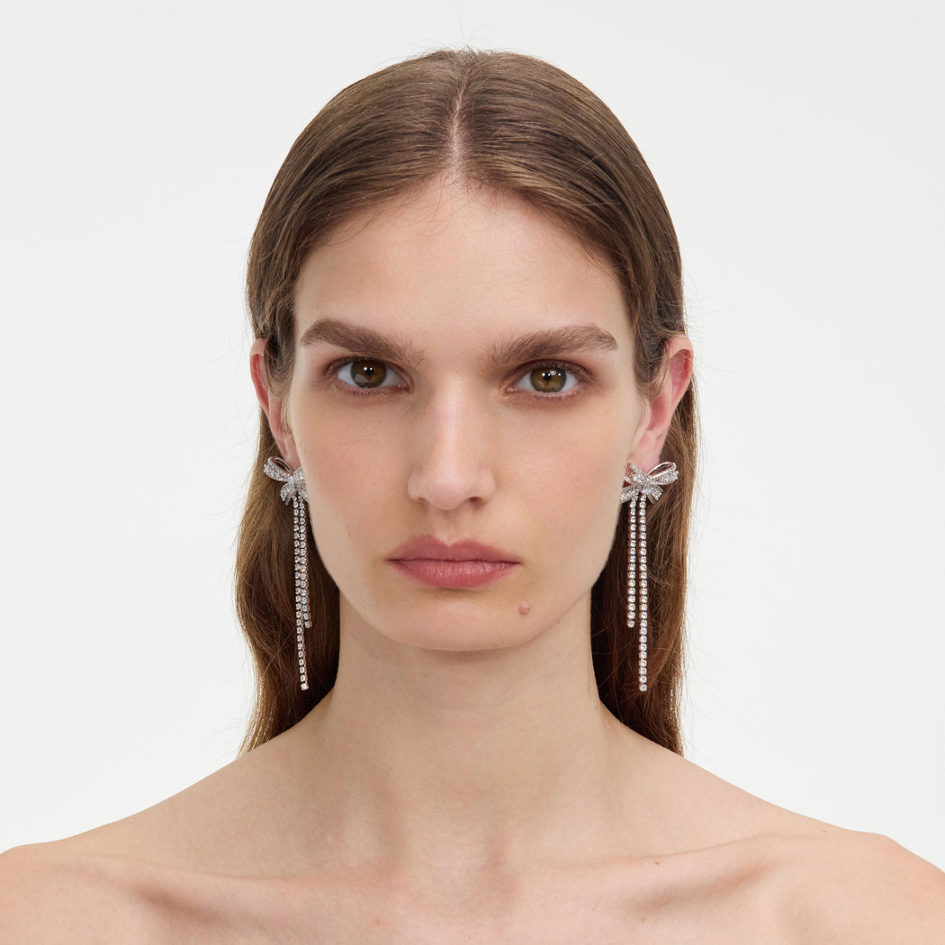 Silver Crystal Bow Dangle Earrings