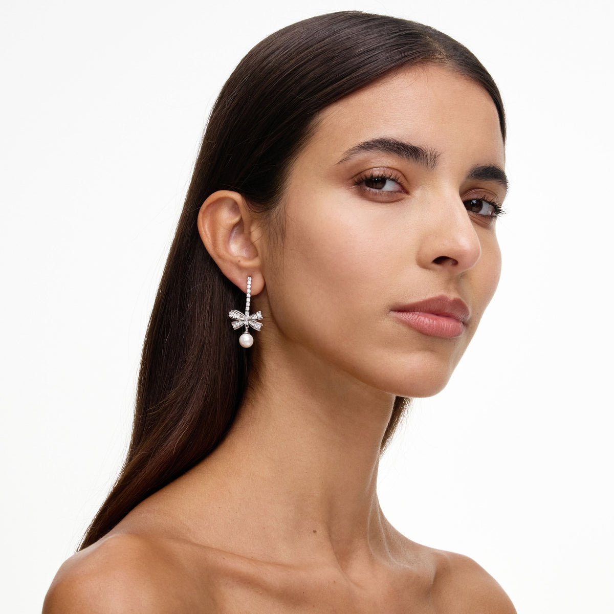 Silver Crystal Bow Pearl Droplet Earrings