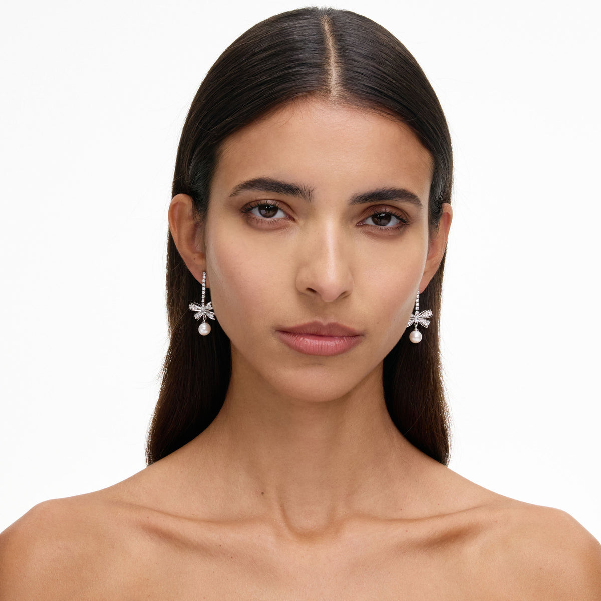 Silver Crystal Bow Pearl Droplet Earrings