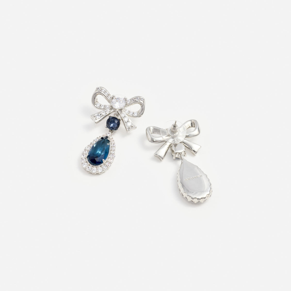Silver Crystal Bow Blue Droplet Earrings