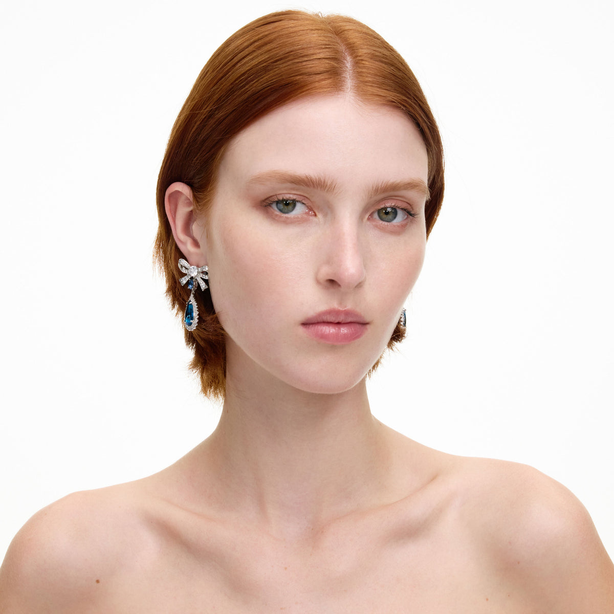 Silver Crystal Bow Blue Droplet Earrings
