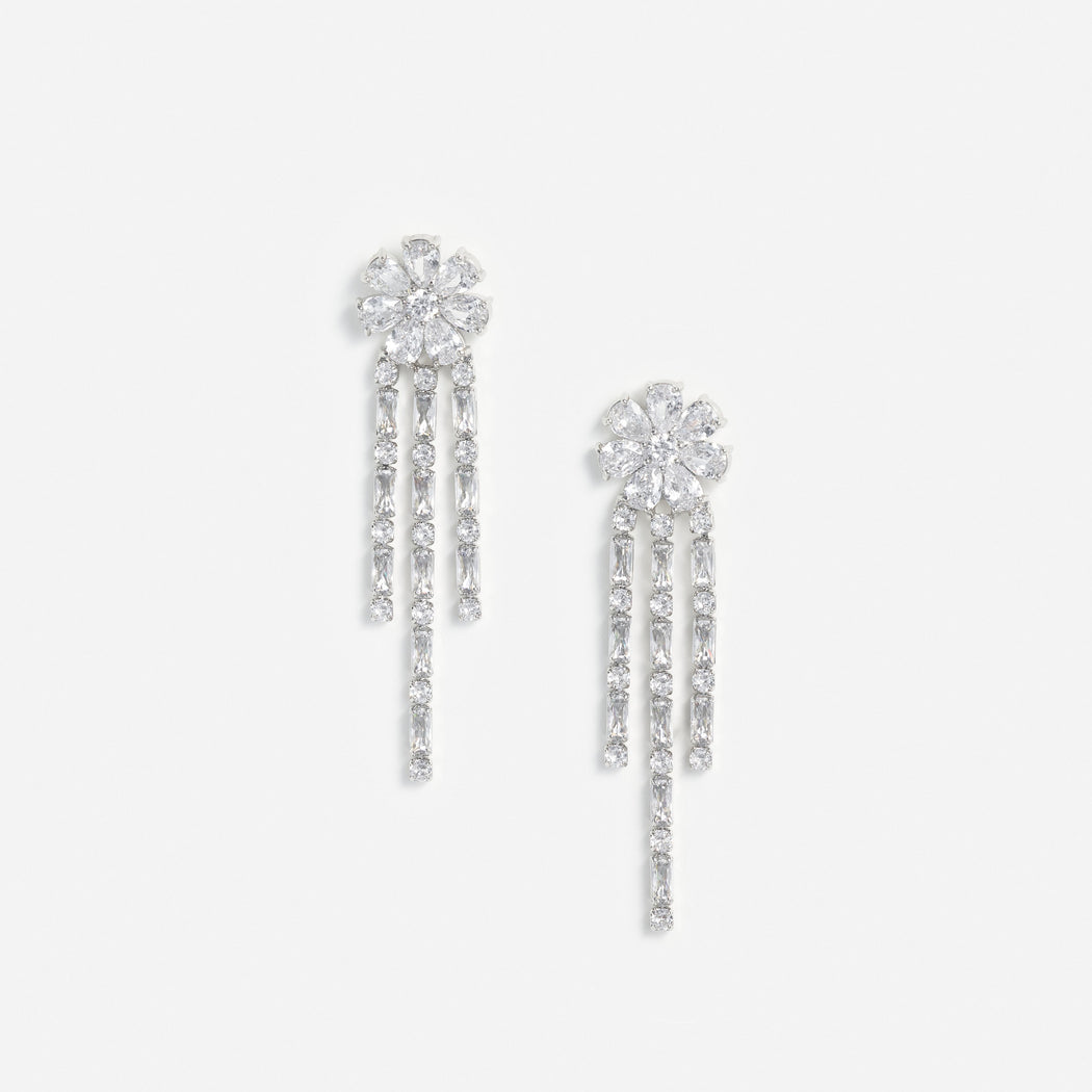 Silver Crystal Flower Droplet Earrings