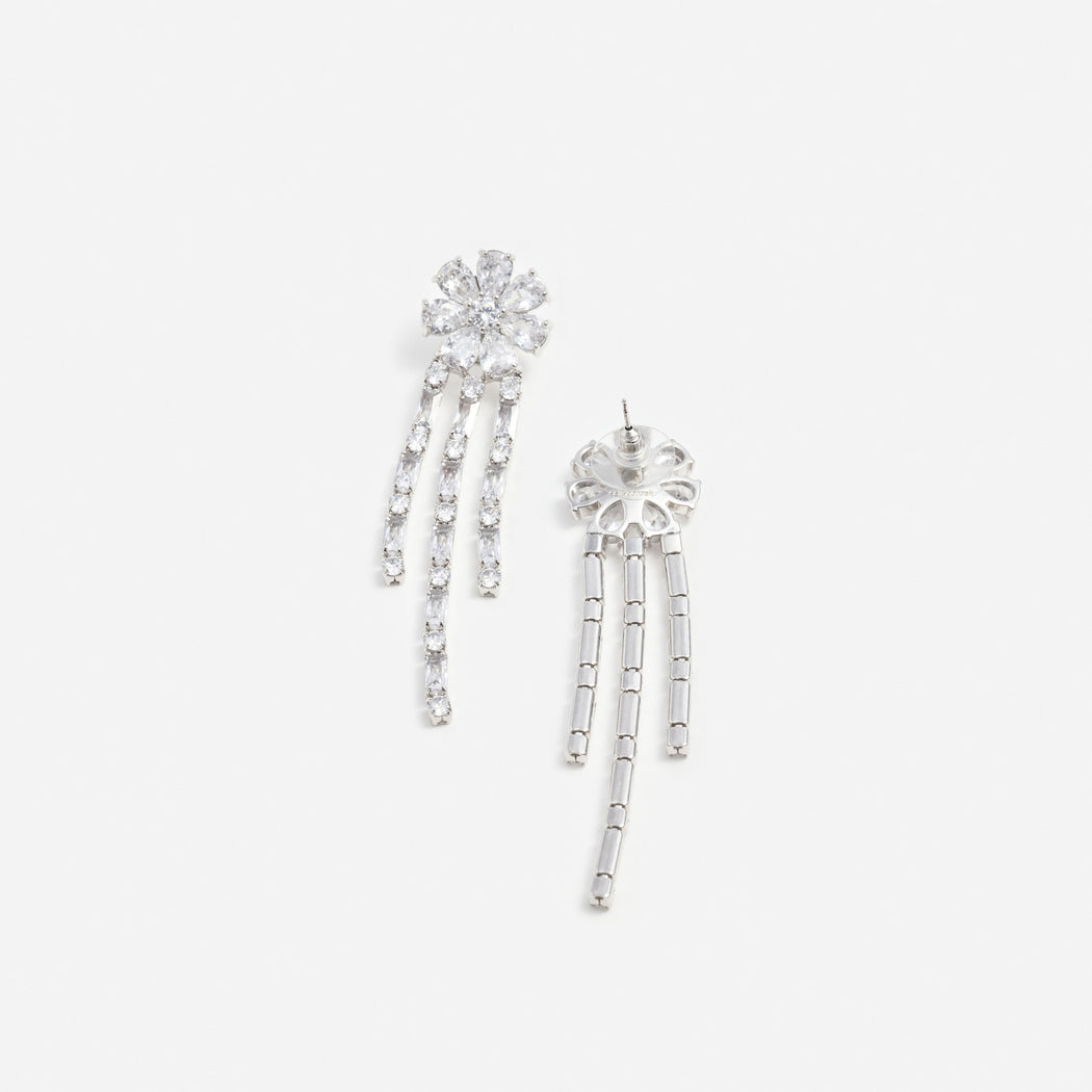 Silver Crystal Flower Droplet Earrings