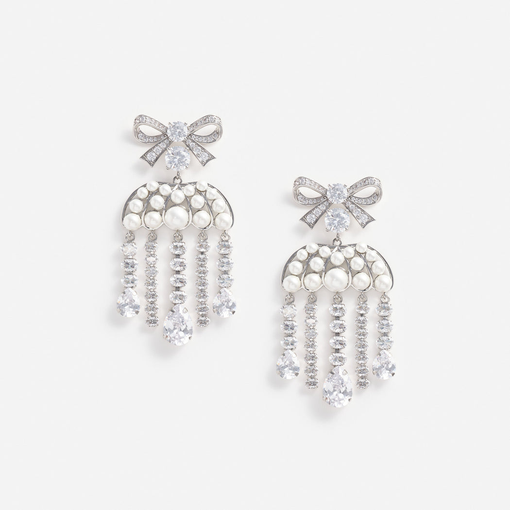 Pearl Crystal Bow Droplet Earrings