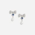 Silver Crystal Bow Blue Pearl Droplet Earrings