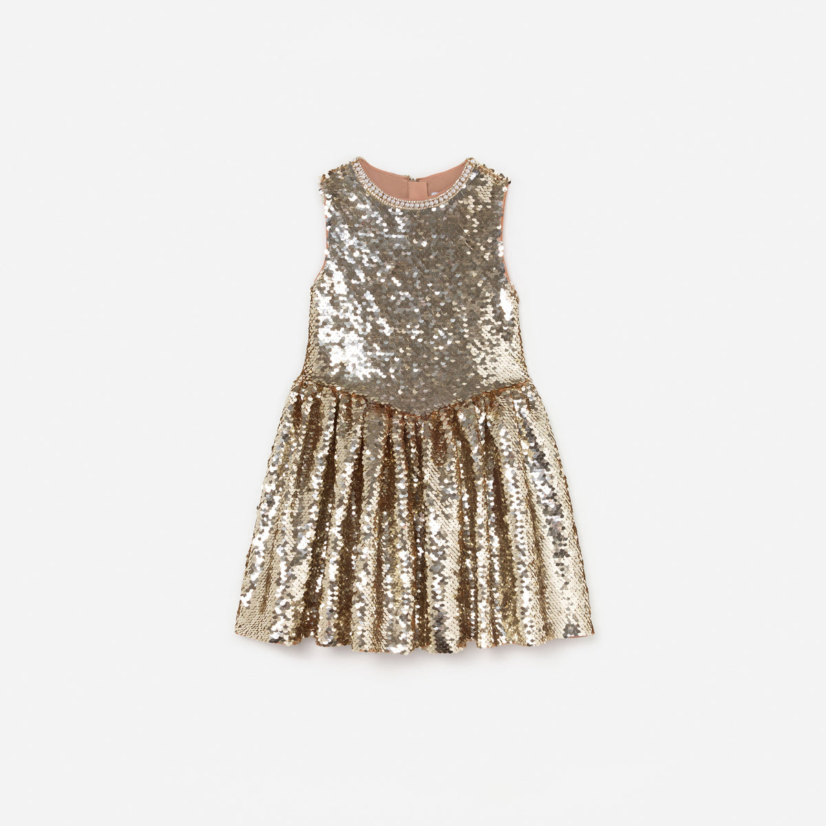Front view of a girl wearing the Gold Sequin Gathered Dress