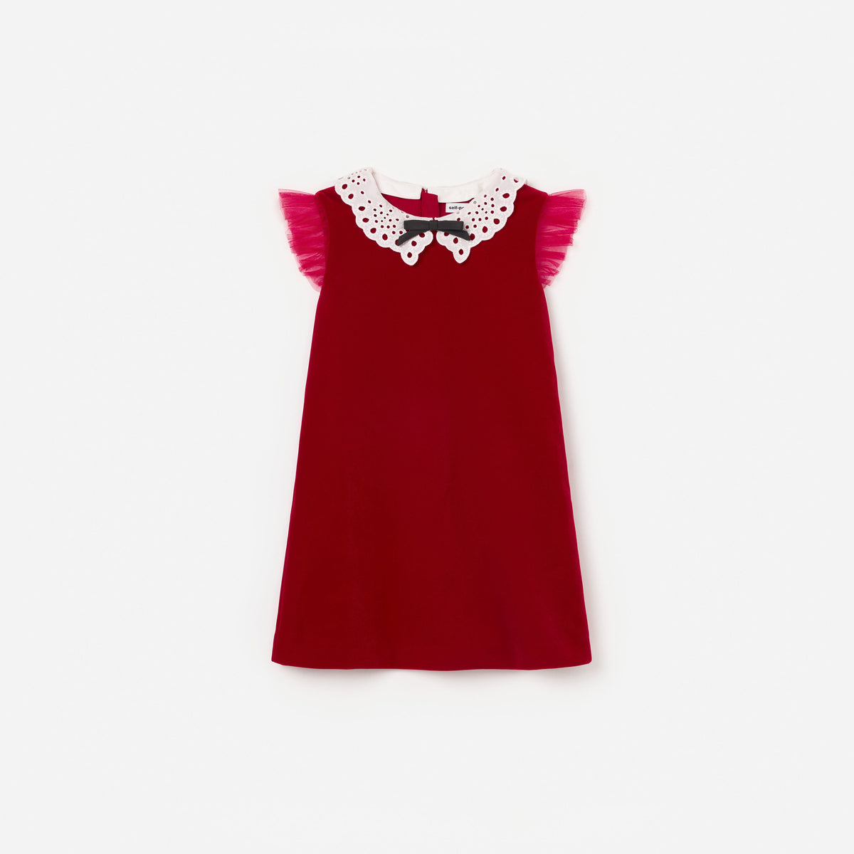 Front view of a girl wearing the Red Velvet Bow Collar Dress