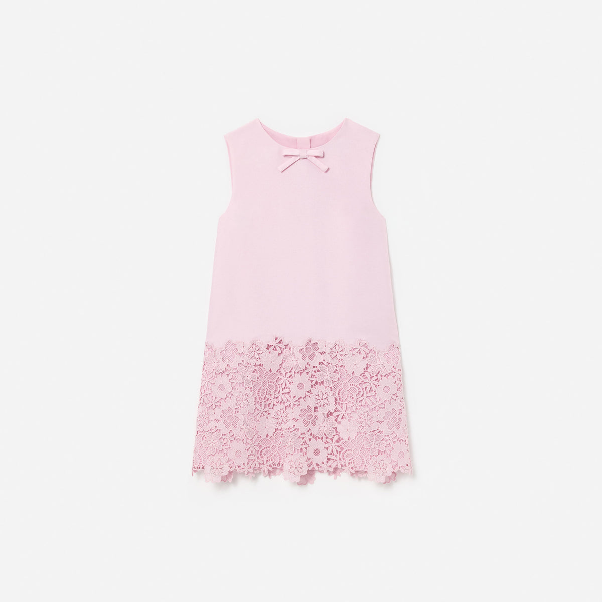Front view of a girl wearing the Pink Taffeta Lace Hem Dress