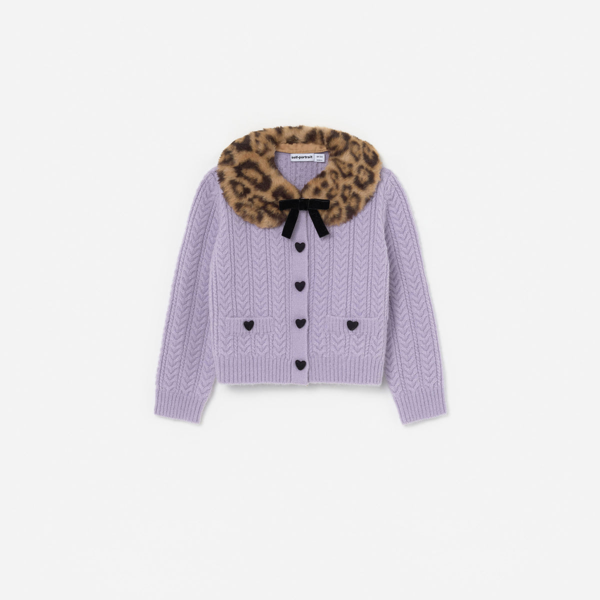 Front view of a girl wearing the Purple Cable Knit Printed Fur Collar Cardigan