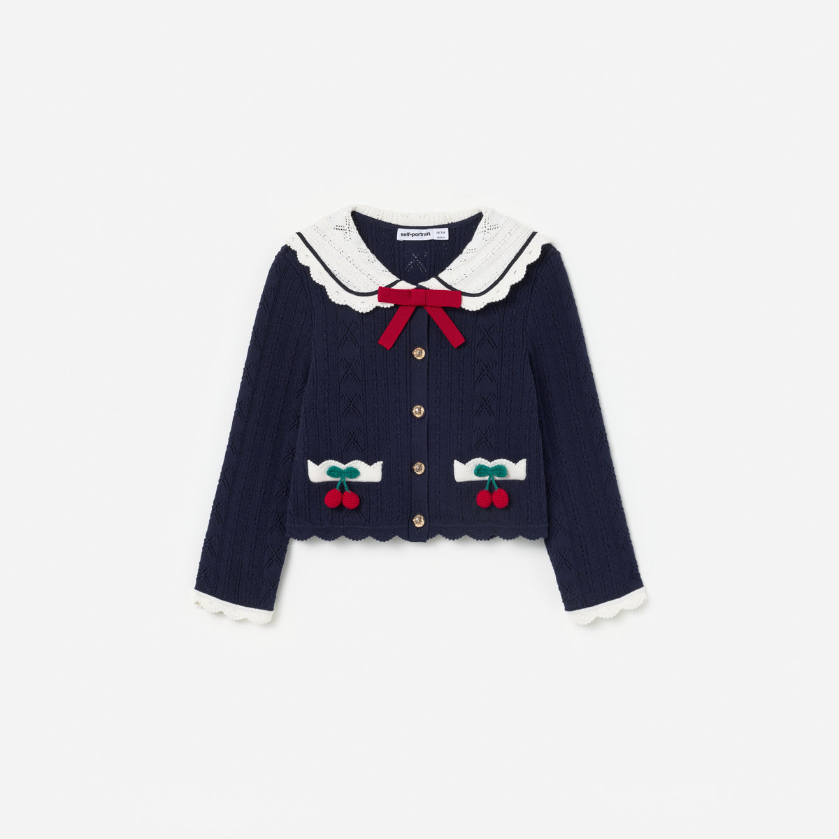 Navy Pointelle Knit Cherry Cardigan