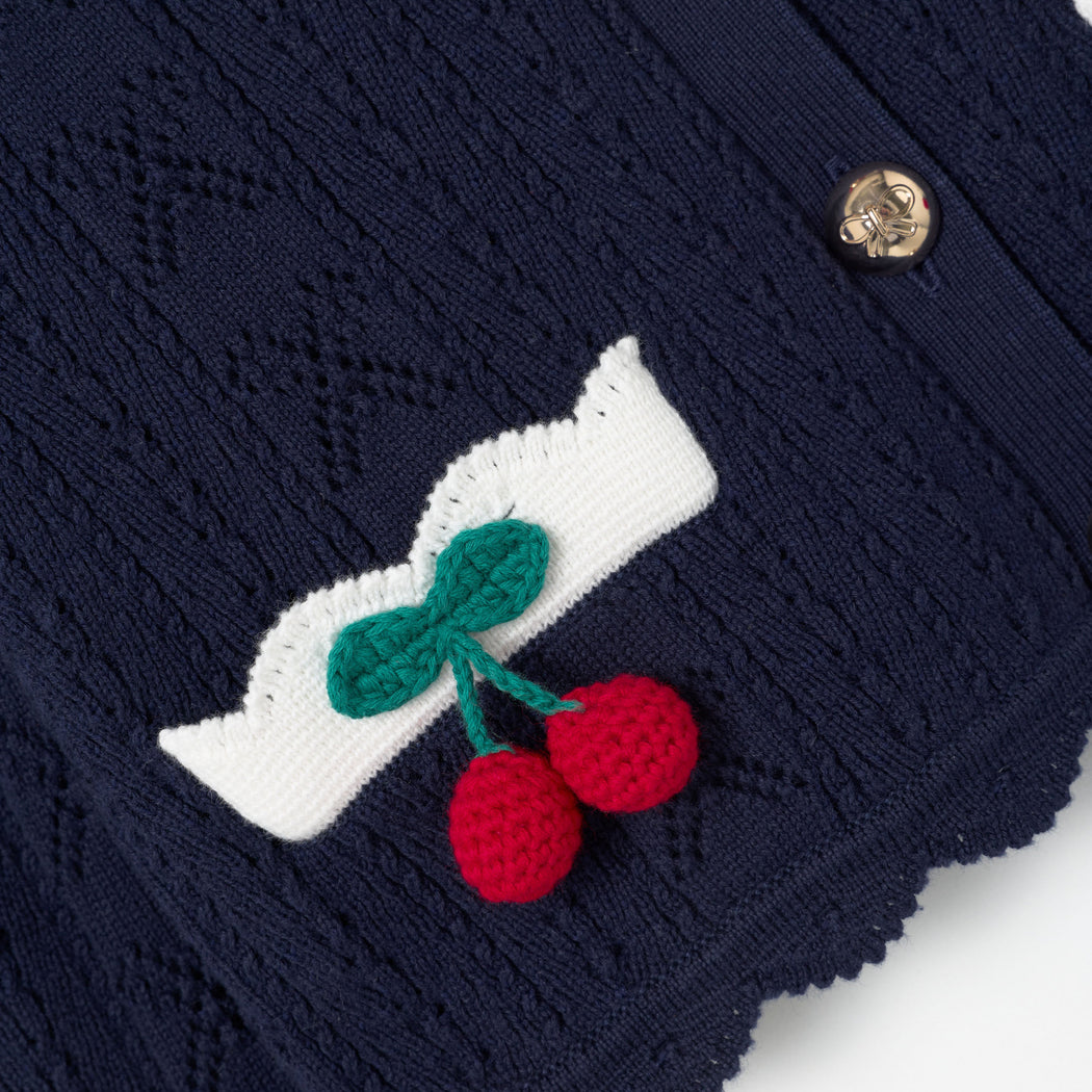 Detail Shot of the Navy Pointelle Knit Cherry Cardigan