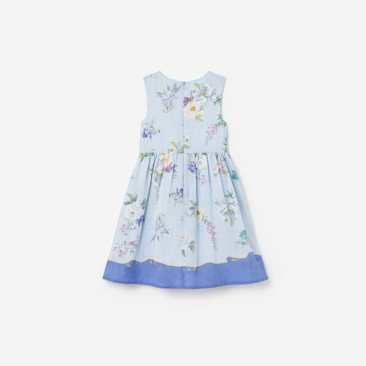Blue Floral Printed Sleeveless Ramie Dress