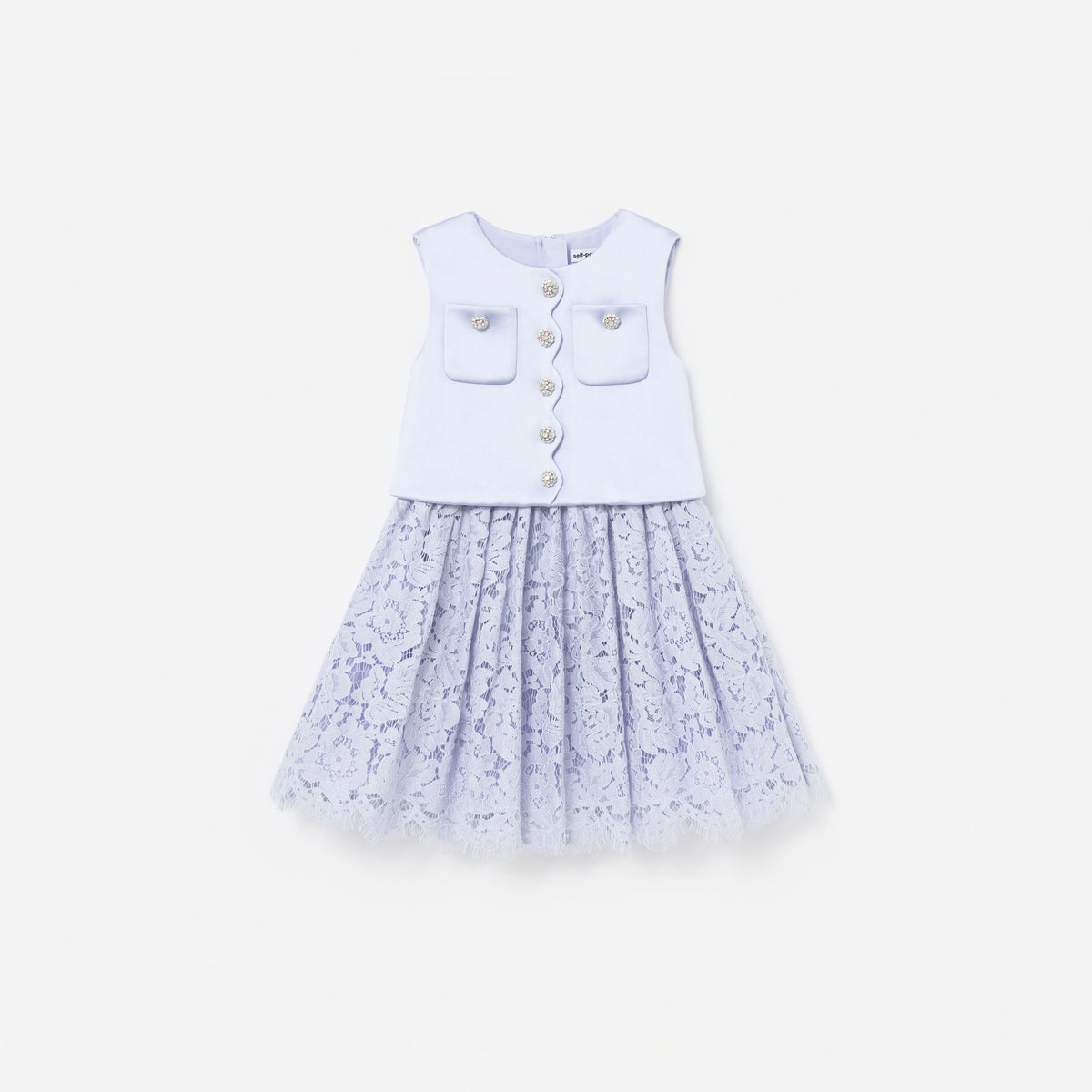 Front view of a girl wearing the Lilac Satin Lace Dress