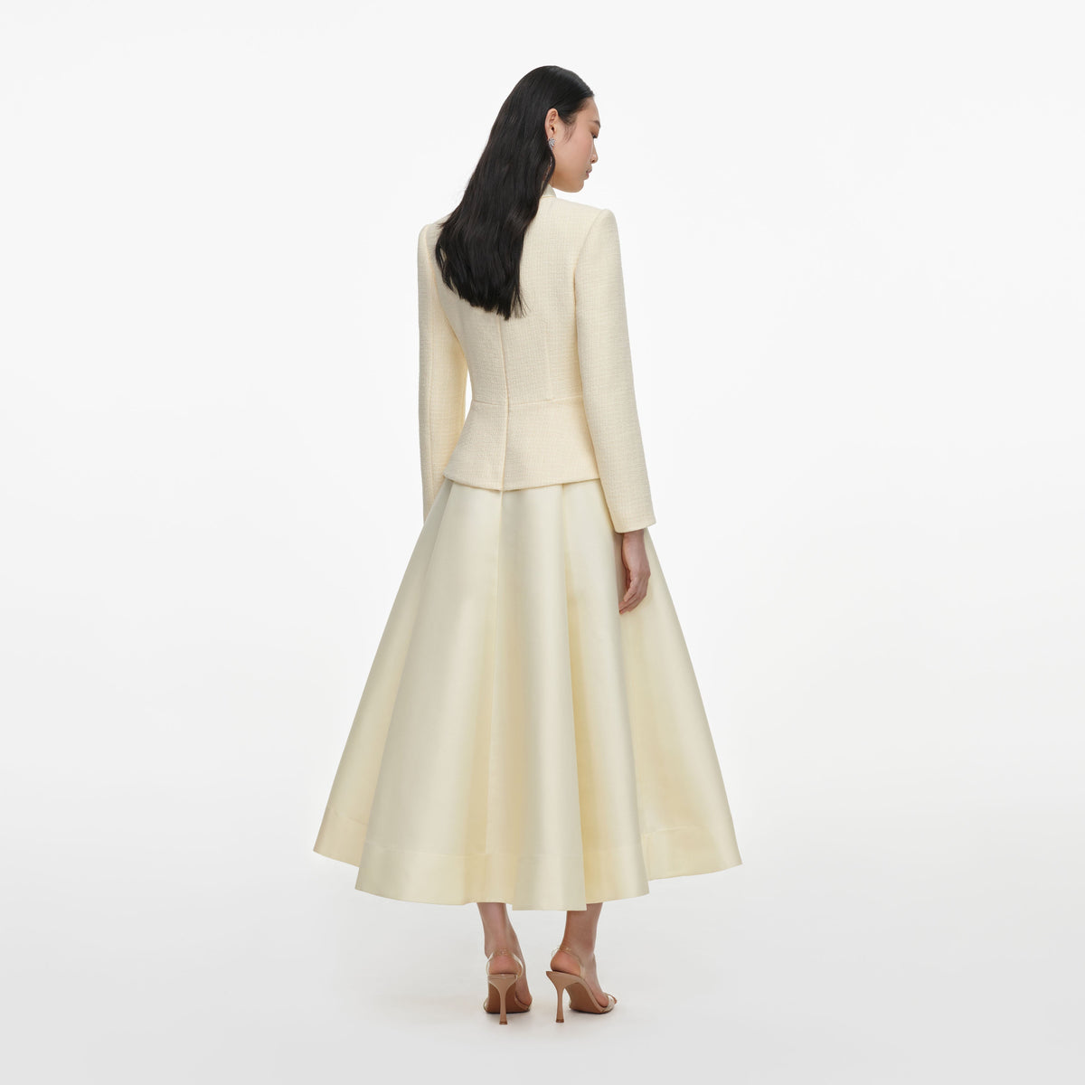 Back view of a woman wearing the Yellow Boucle And Taffeta Midi Dress