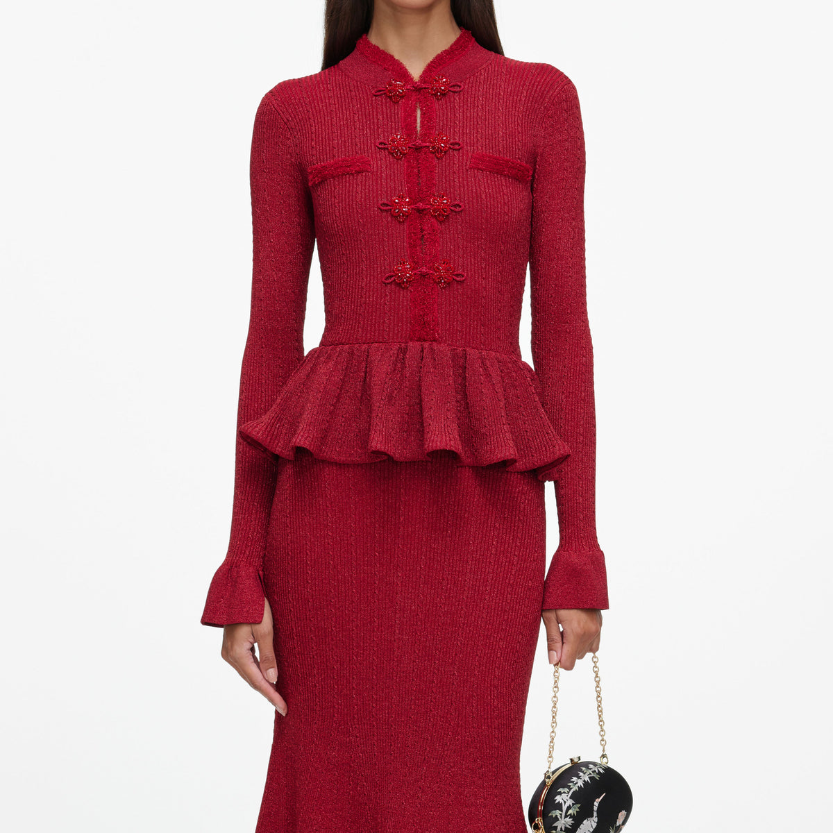 Red Metallic Peplum Knit Midi Dress