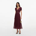 Burgundy Viscose Pleated Lace Midi Dress