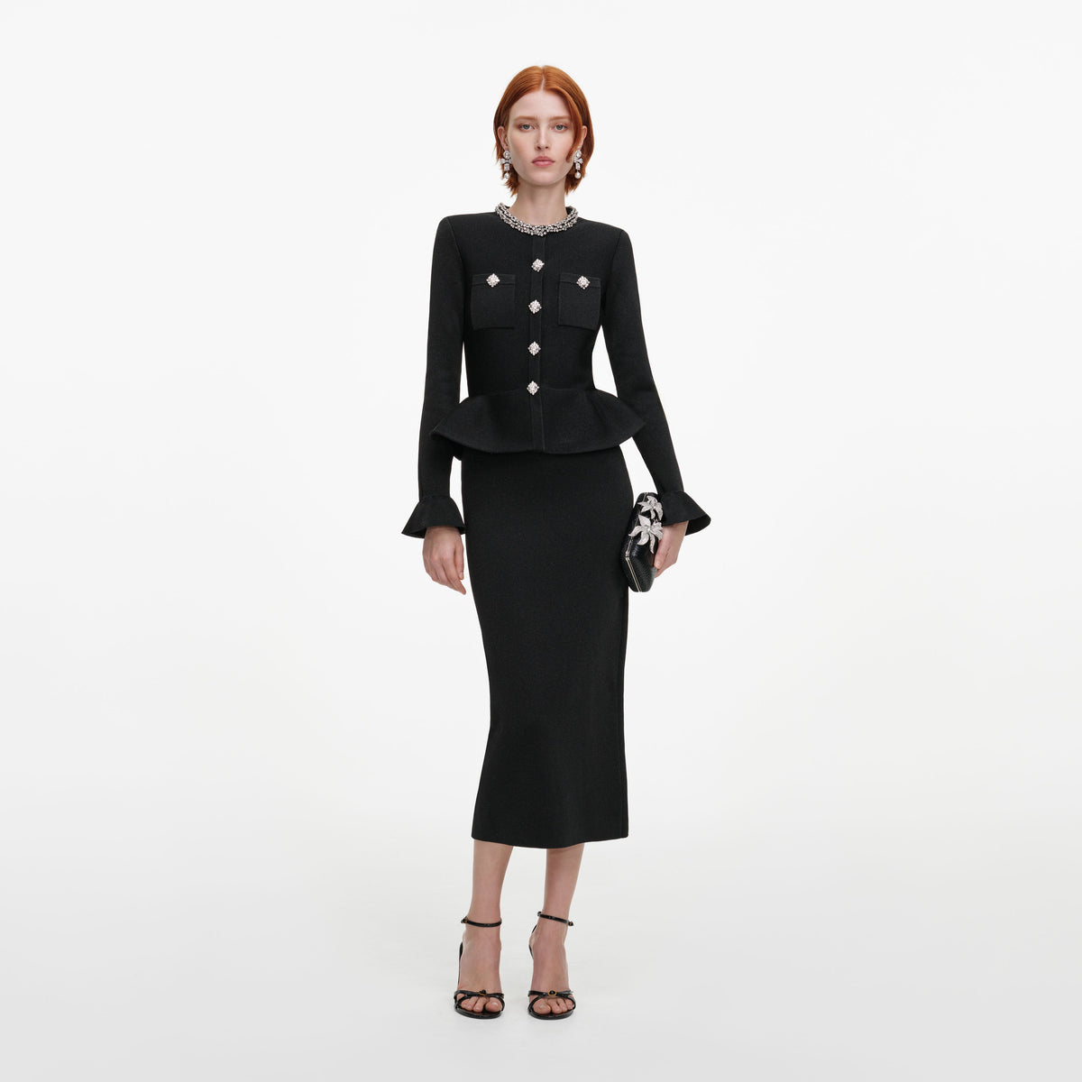 Black Crystal Trim Knit Midi Dress