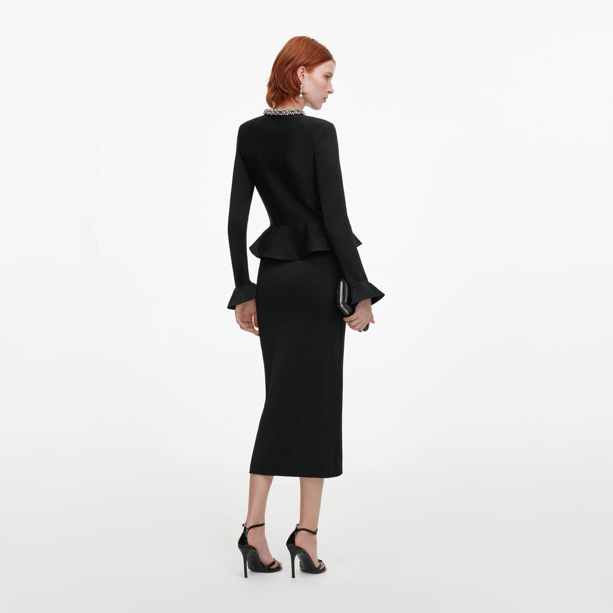 Black Crystal Trim Knit Midi Dress