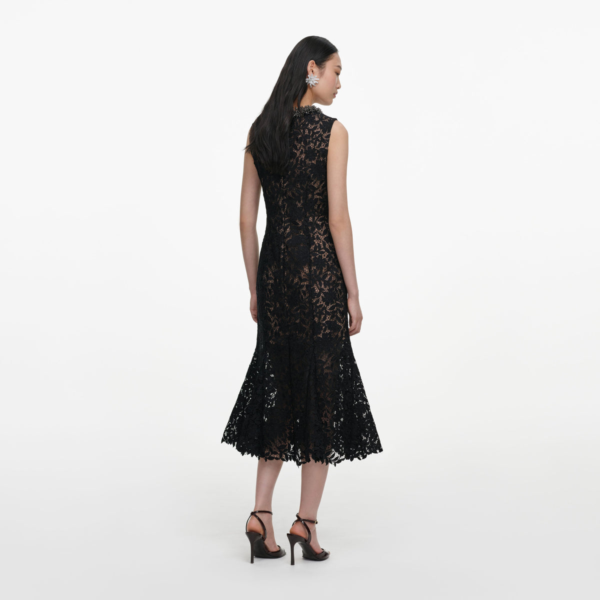 Back view of a woman wearing the Black Lace Beaded Trim Midi Dress
