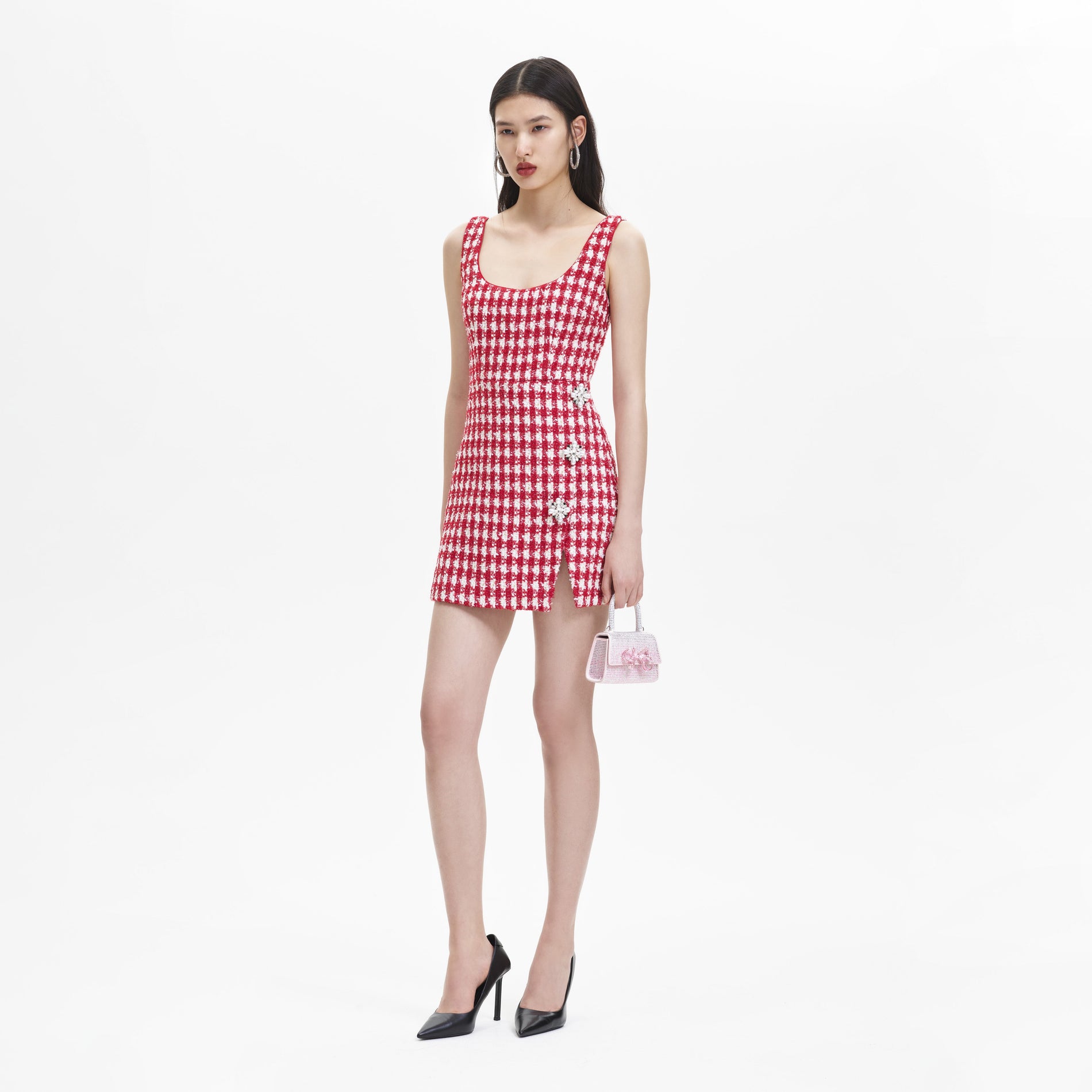 Side view of a woman wearing the Red Check Boucle Mini Dress