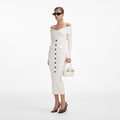 Cream Off Shoulder Knit Midi Dress