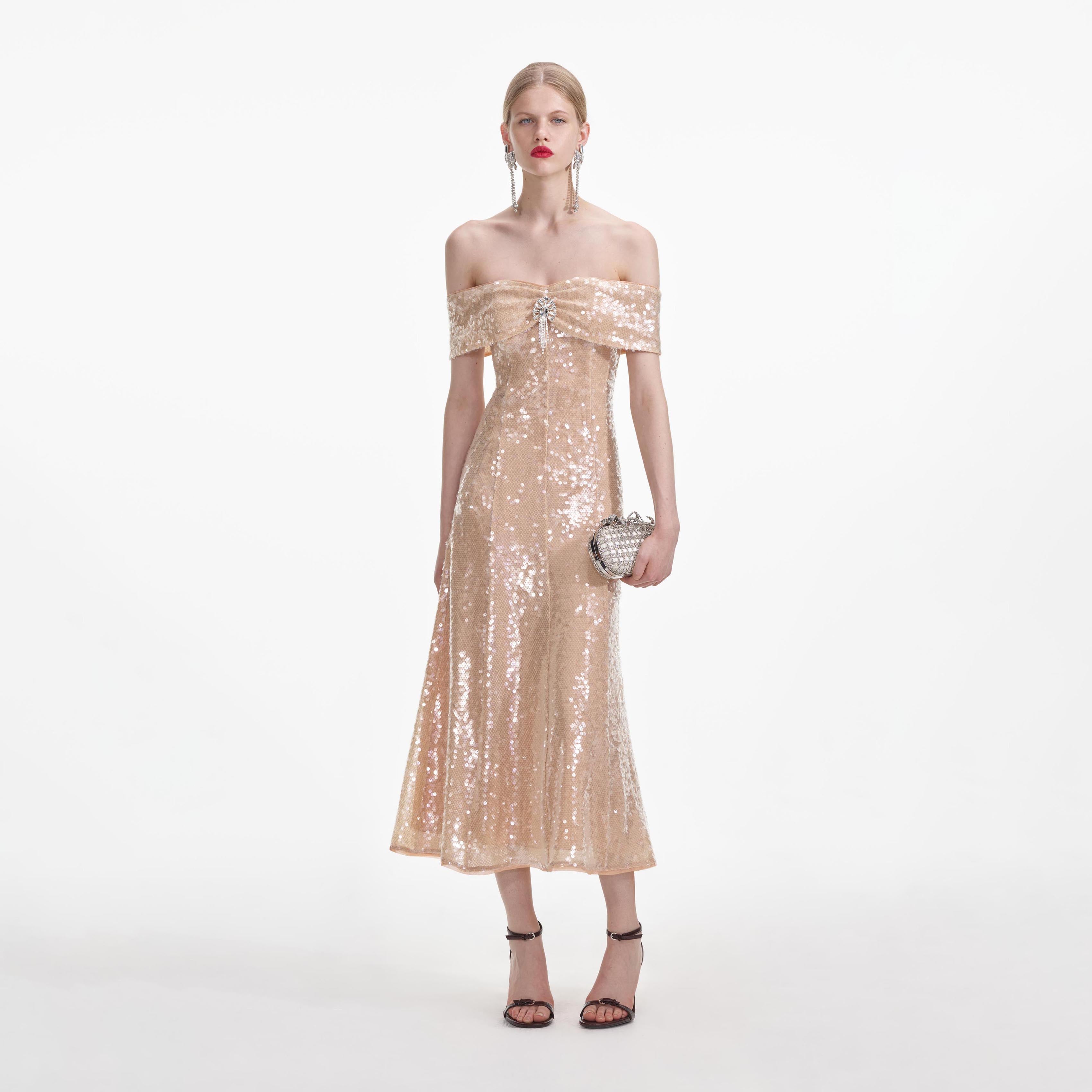 self portrait gold sequin dress Champagne Sequin Embroidered Maxi Dress