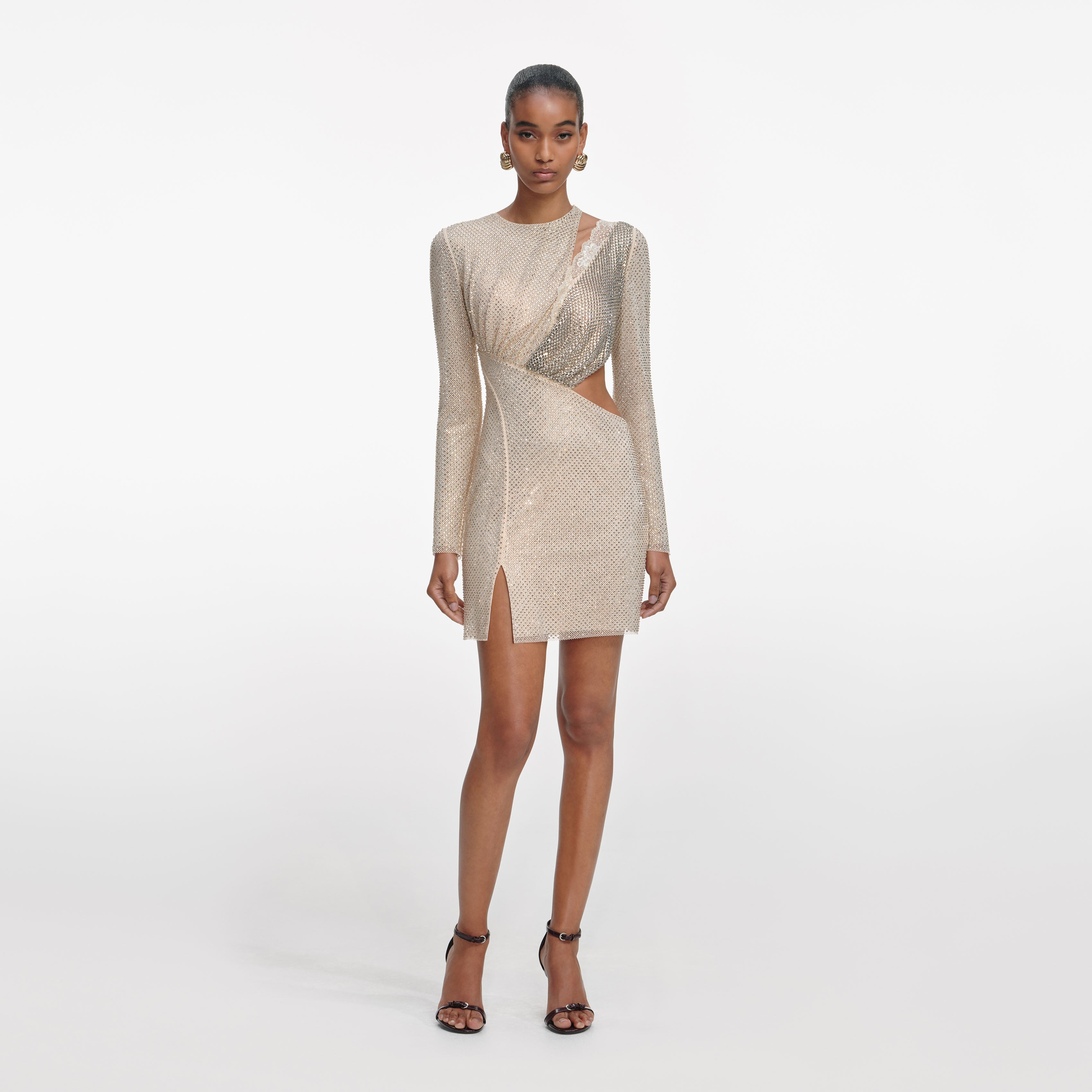 Champagne Rhinestone Lace Trim Mini Dress