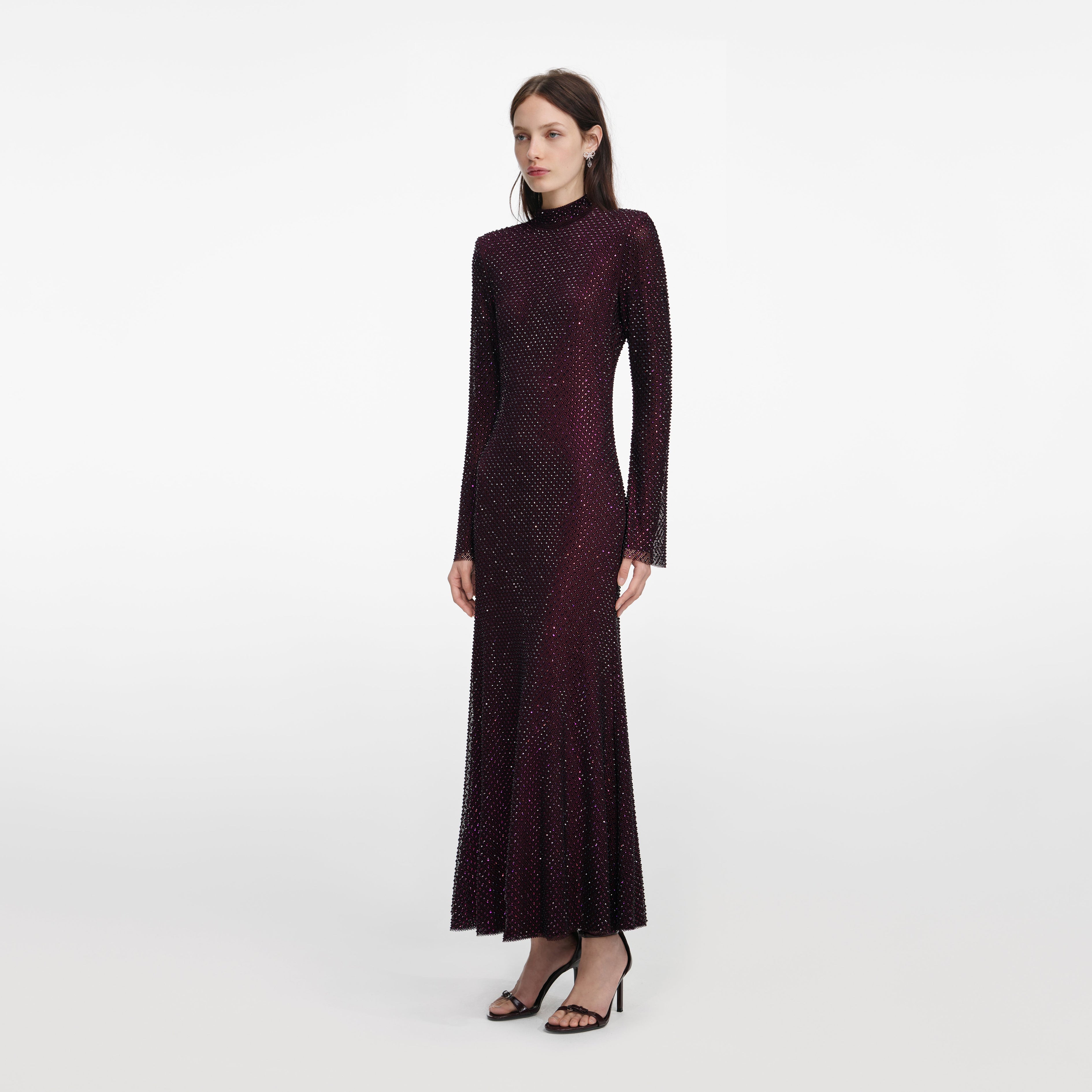 Burgundy Rhinestone Fishnet Midi Dress