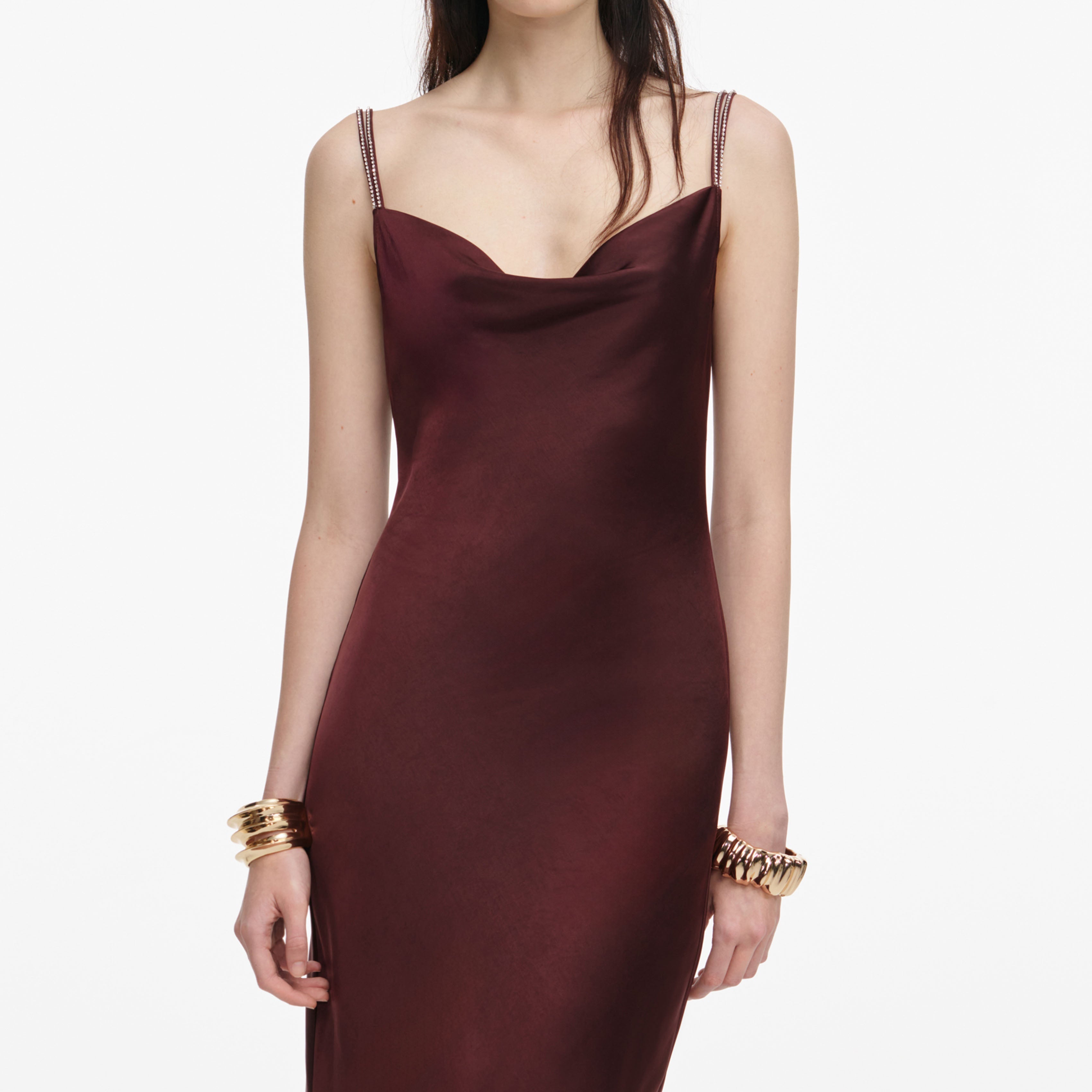Brown Satin Diamante Maxi Dress