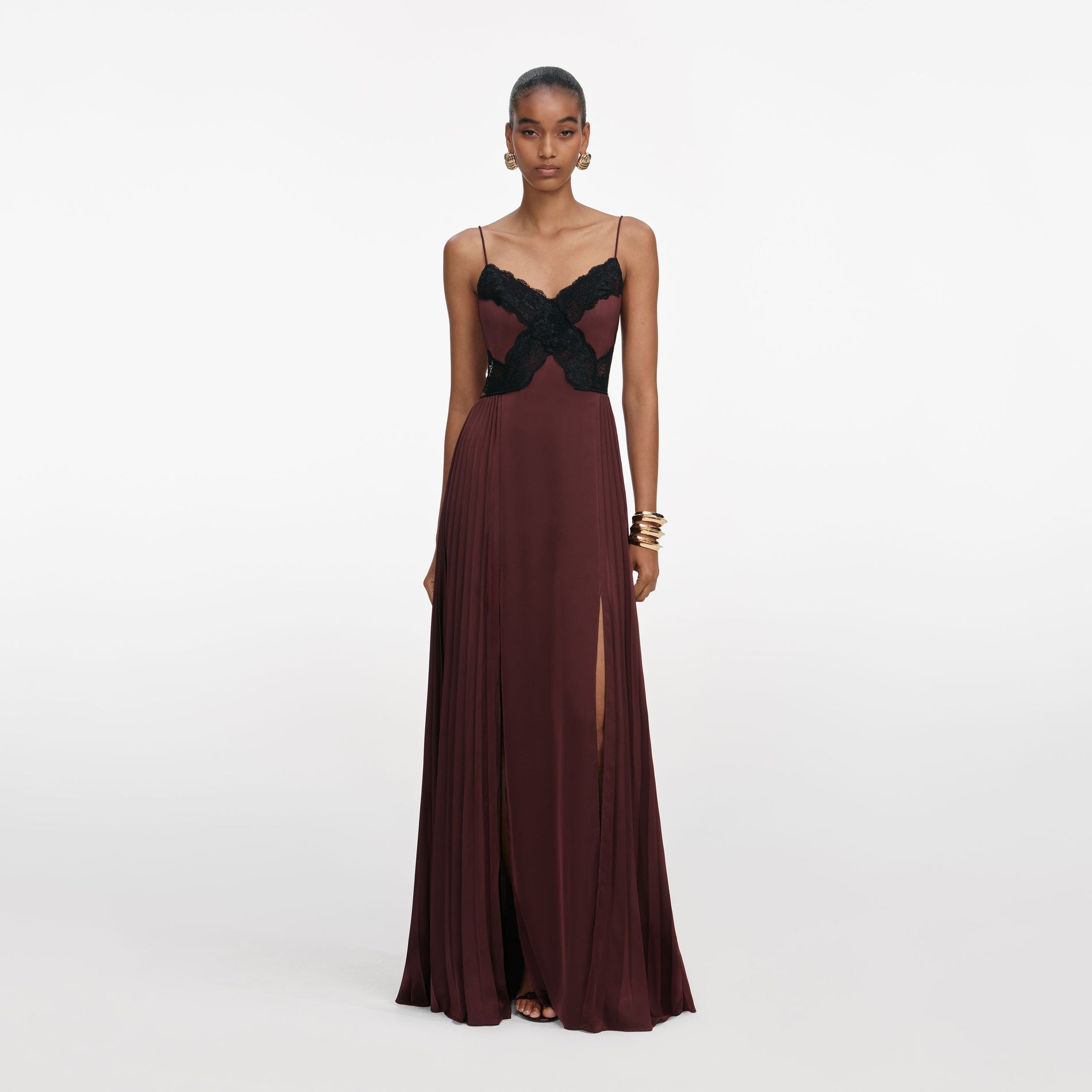 Front view of a woman wearing the Brown Satin Lace Maxi Dress