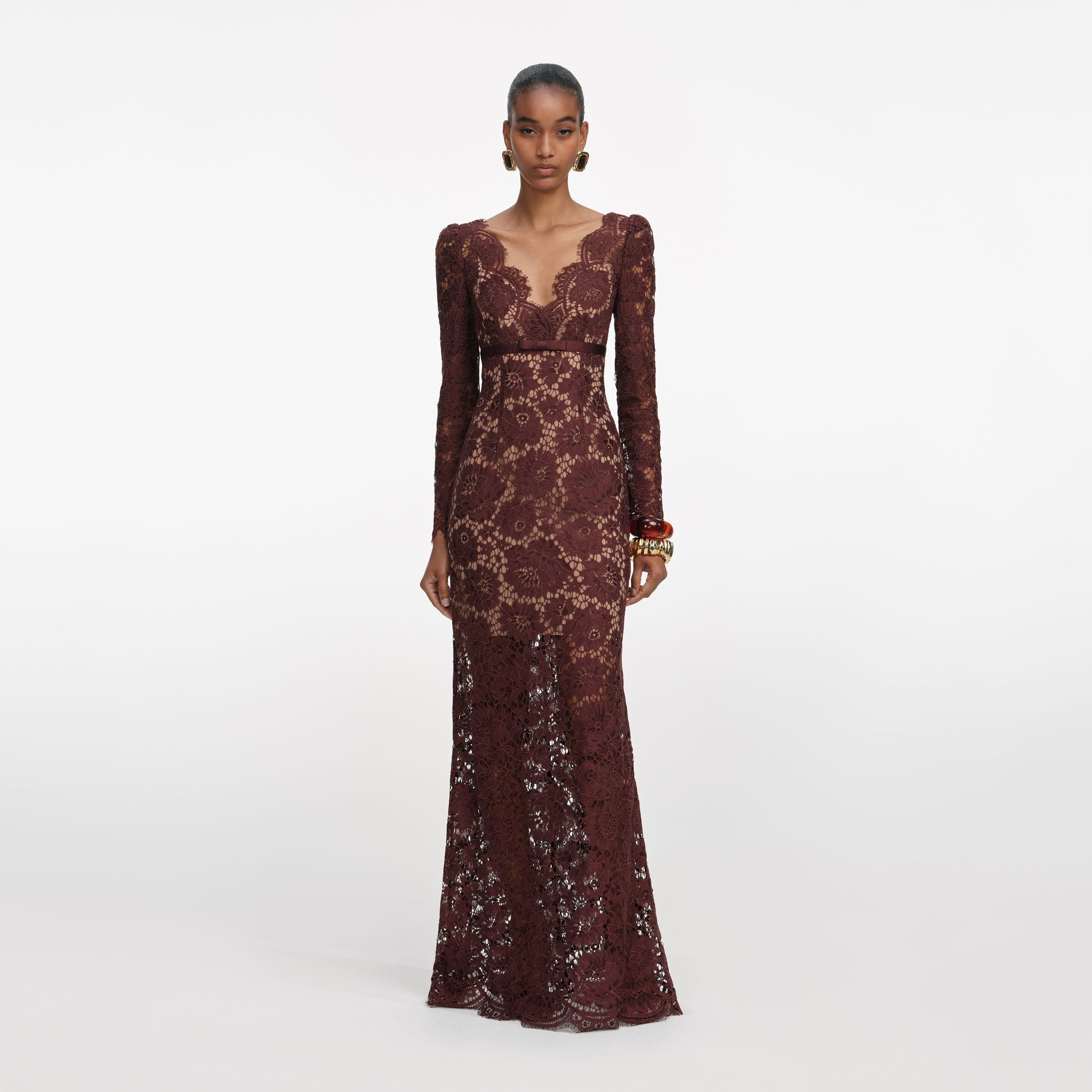 Front view of a woman wearing the Brown Floral Lace Maxi Dress