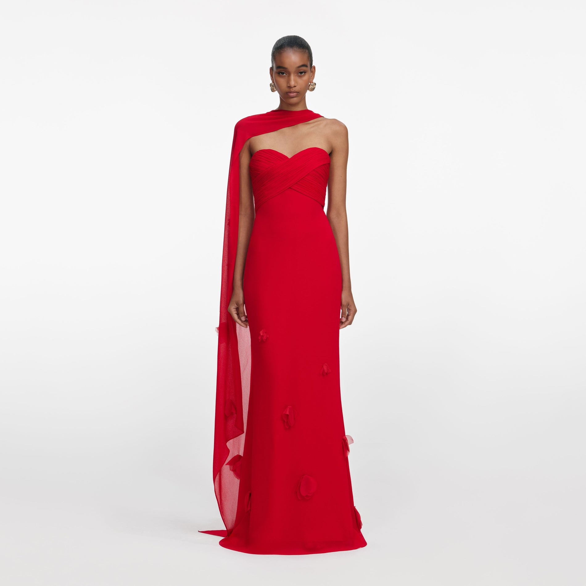 Front view of a woman wearing the Red Georgette Flower Maxi Dress
