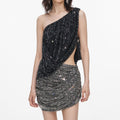 Black Rhinestone One Shoulder Drape Top