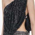 Black Rhinestone One Shoulder Drape Top
