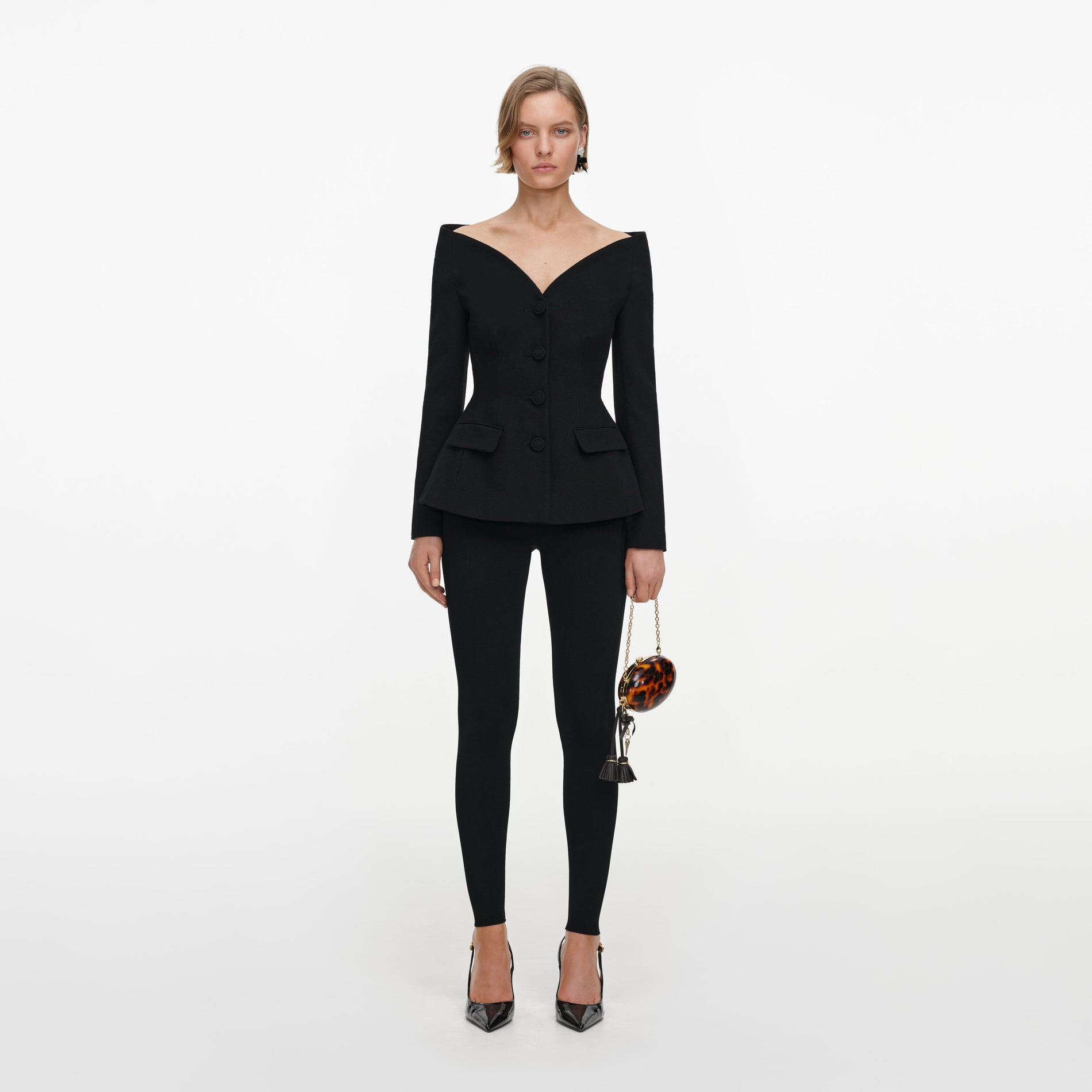 Front view of a woman wearing the Black Wool Crepe Jacket