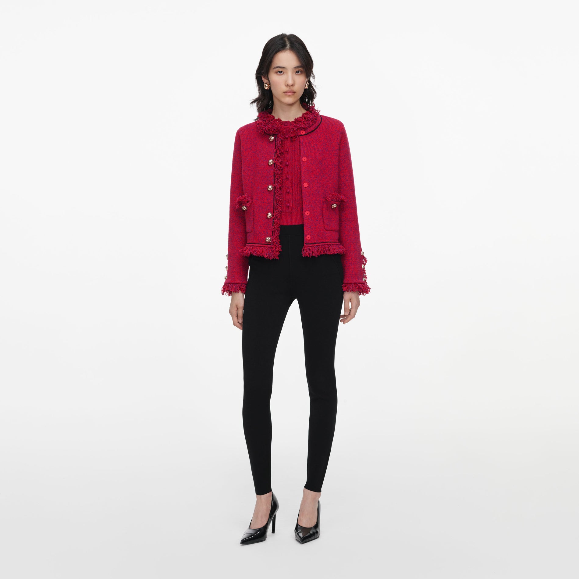 Front view of a woman wearing the Red Frayed Knit Jacket