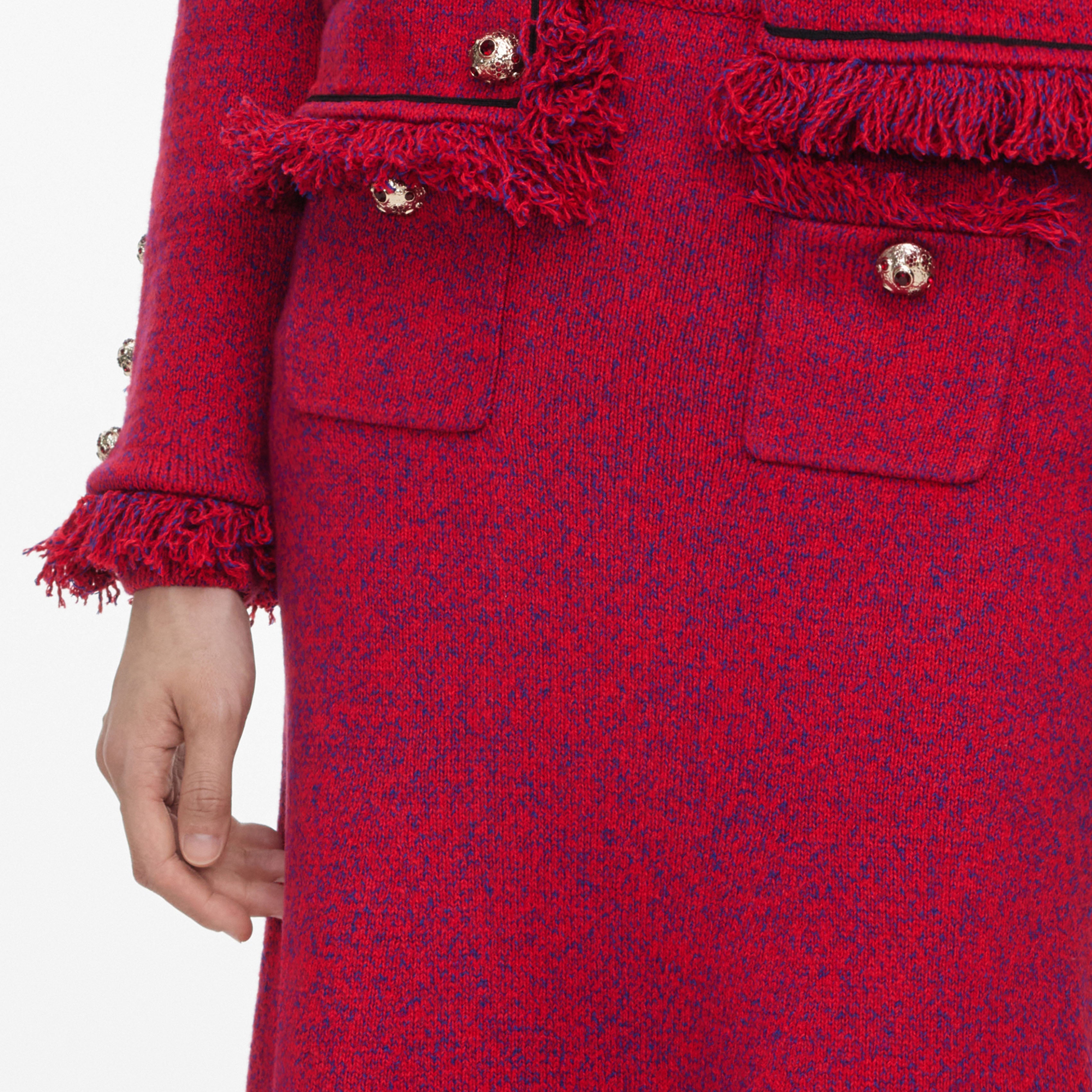 Red Frayed Knit Midi Skirt