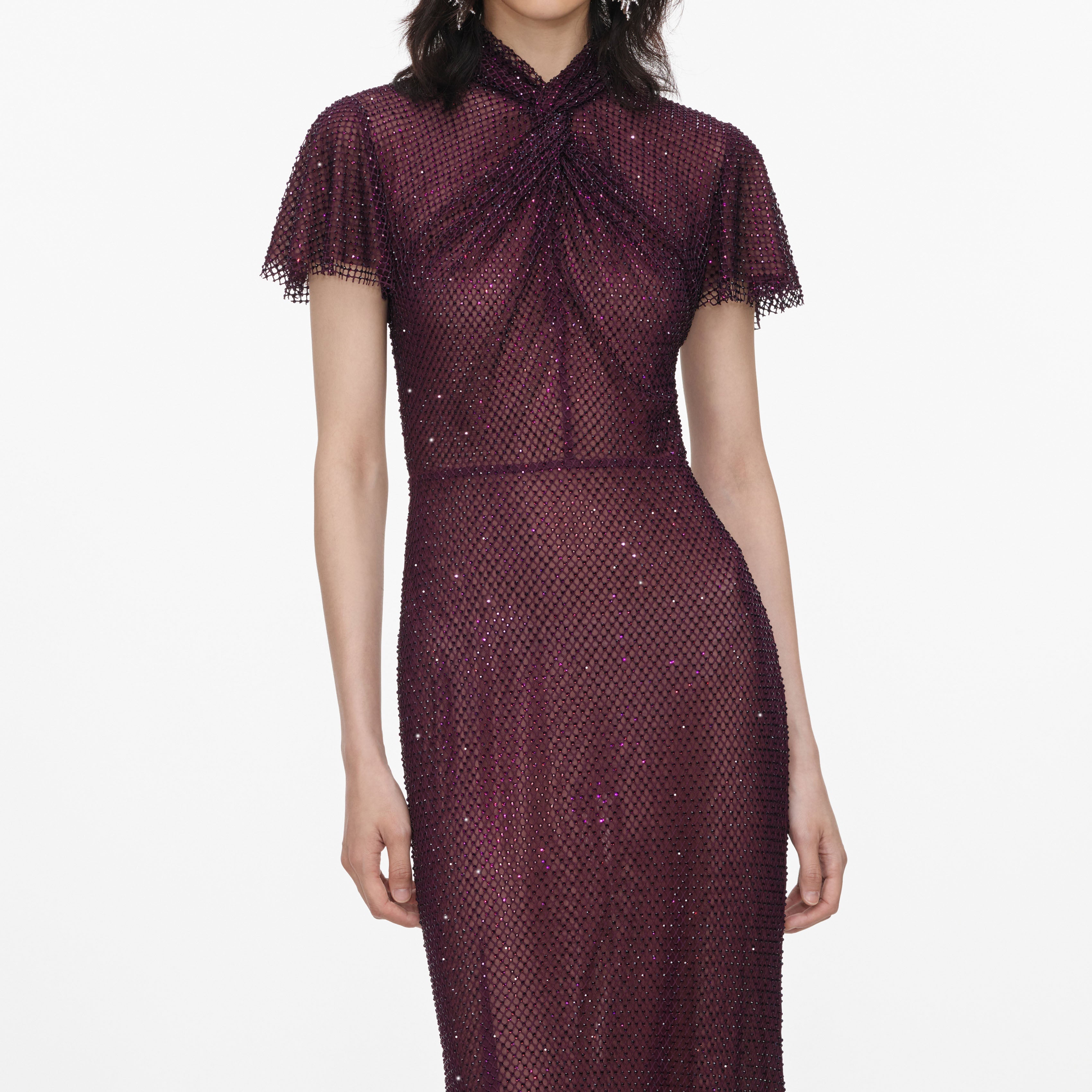 Burgundy Rhinestone Fishnet Midi Dress