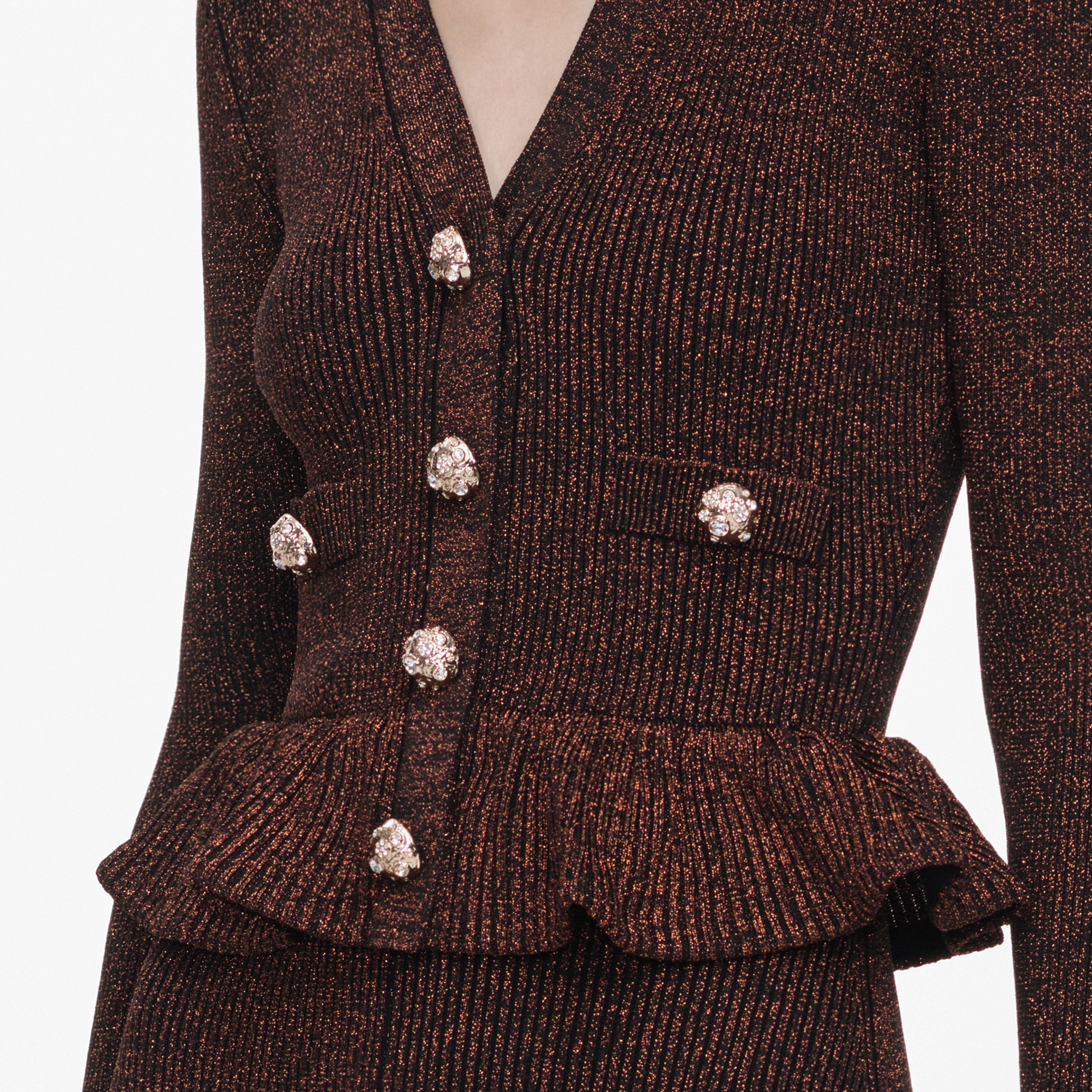 Brown Lurex Peplum Knit Midi Dress