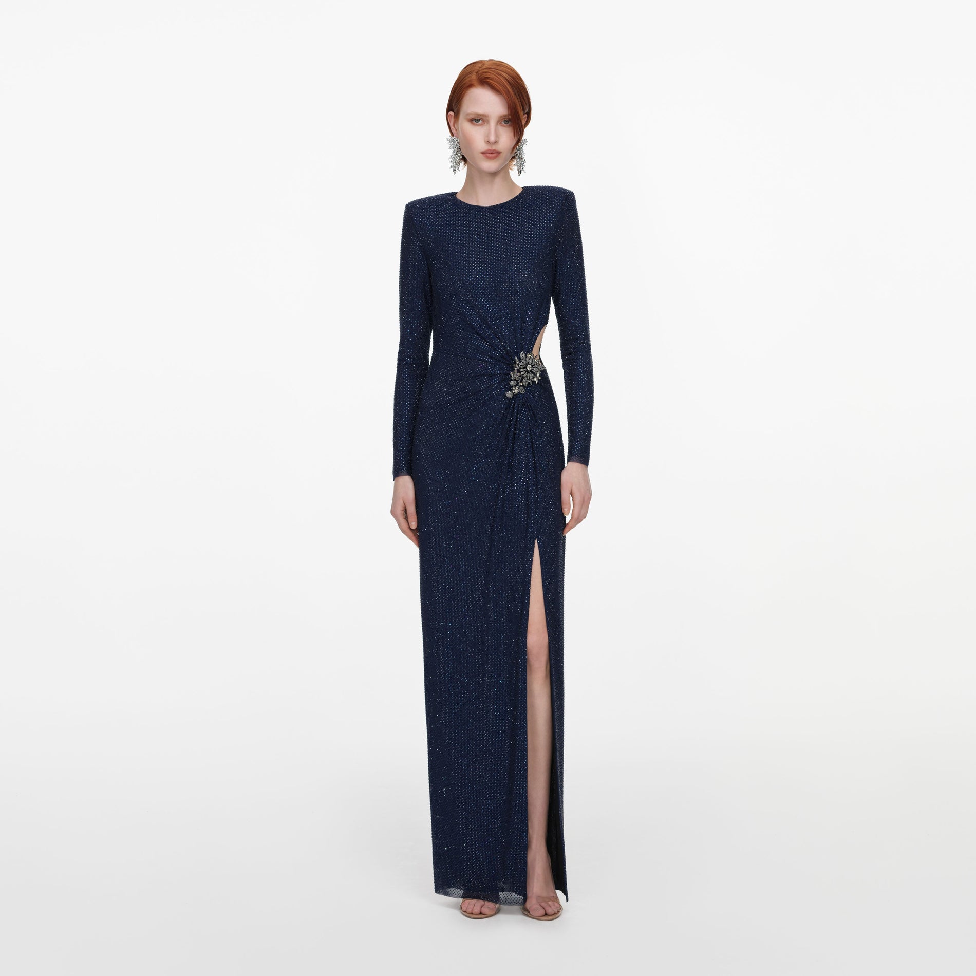 Front view of a woman wearing the Navy Rhinestone Embellished Maxi Dress