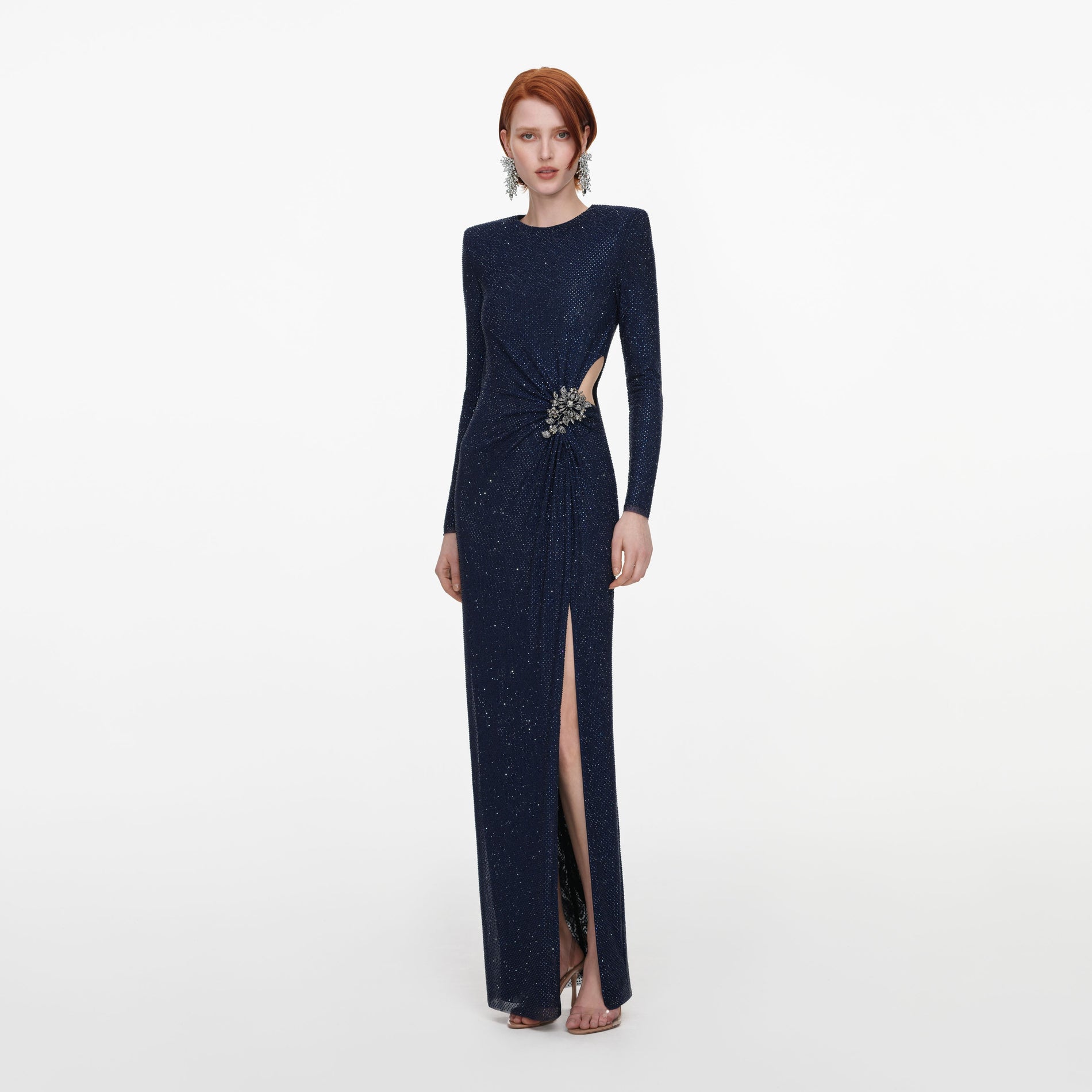 Side view of a woman wearing the Navy Rhinestone Embellished Maxi Dress