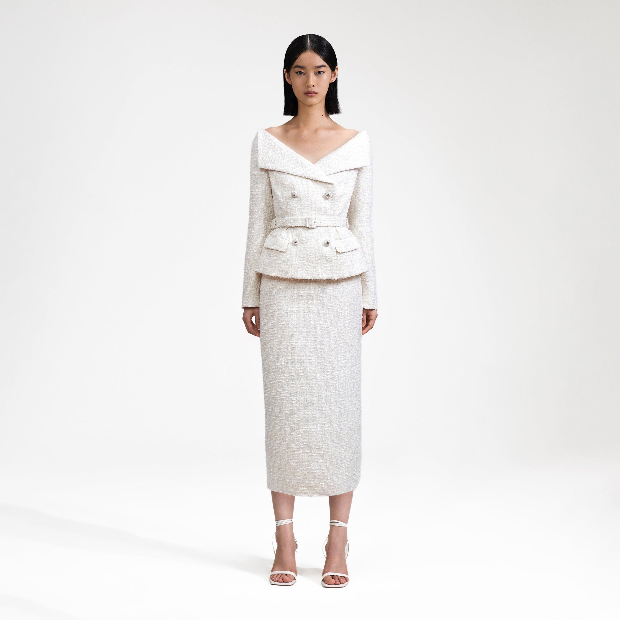 Cream Off Shoulder Boucle Midi Dress