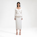 Cream Off Shoulder Boucle Midi Dress