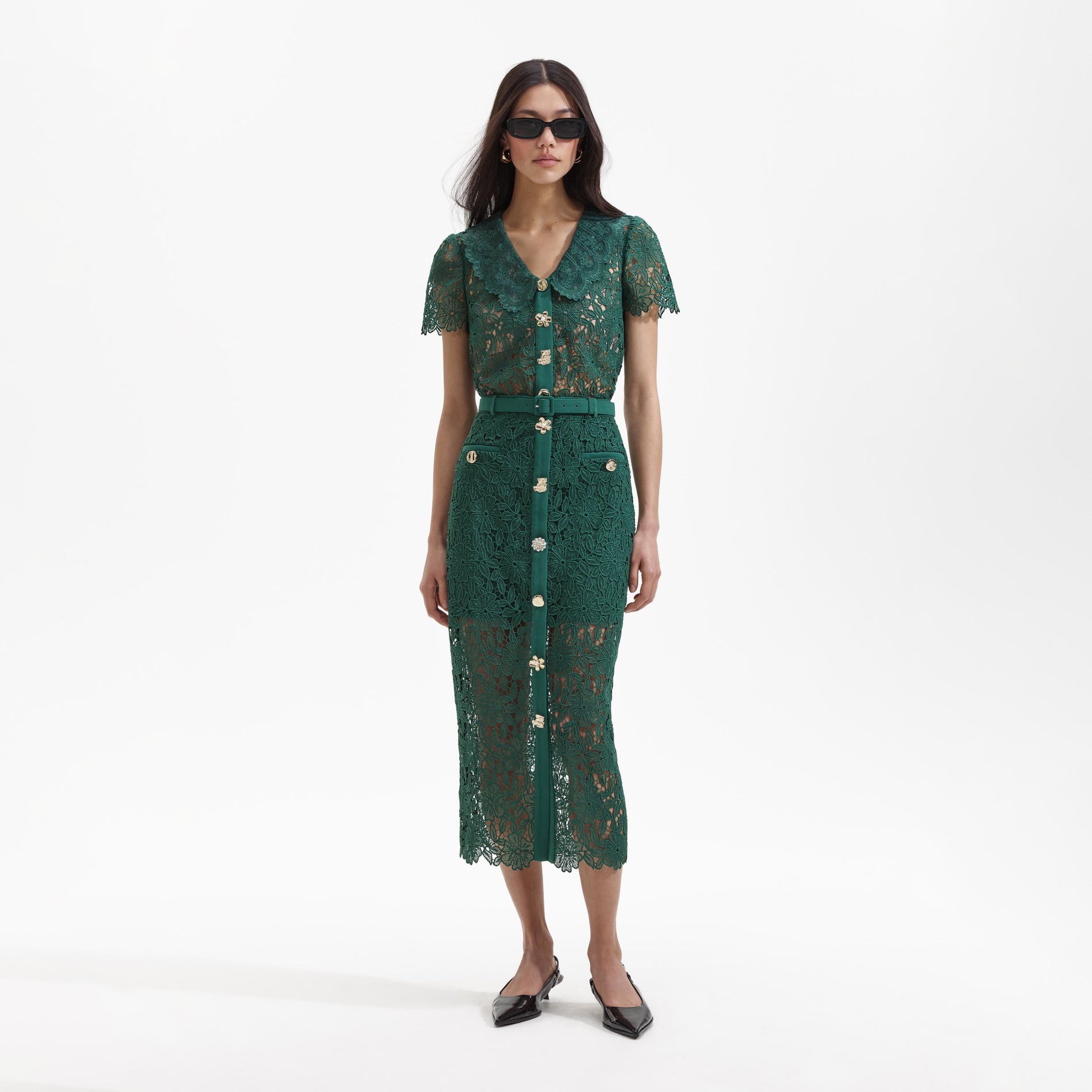 Front view of a woman wearing the Green Guipure Lace Top