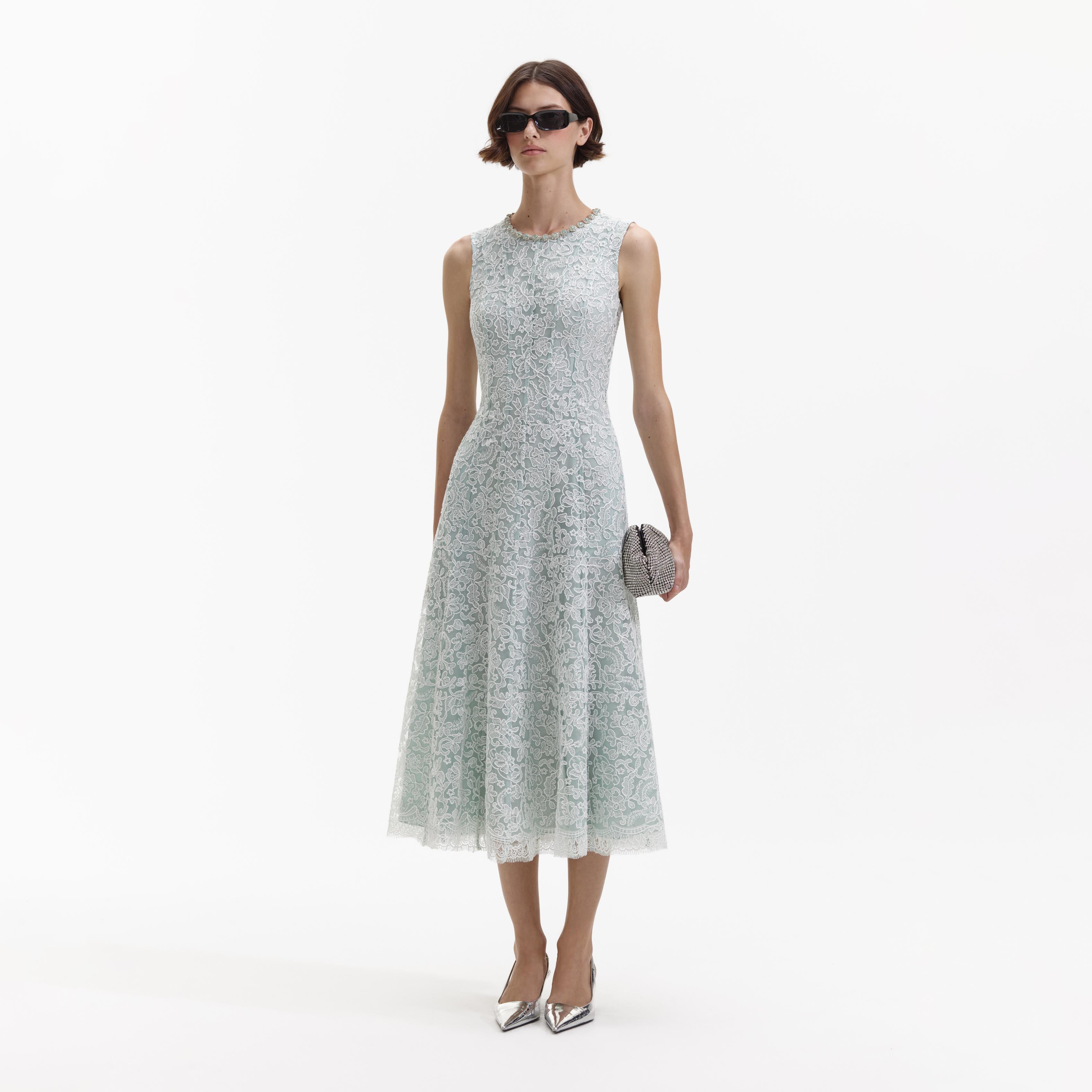 Green Cord Lace Round Neck Midi Dress