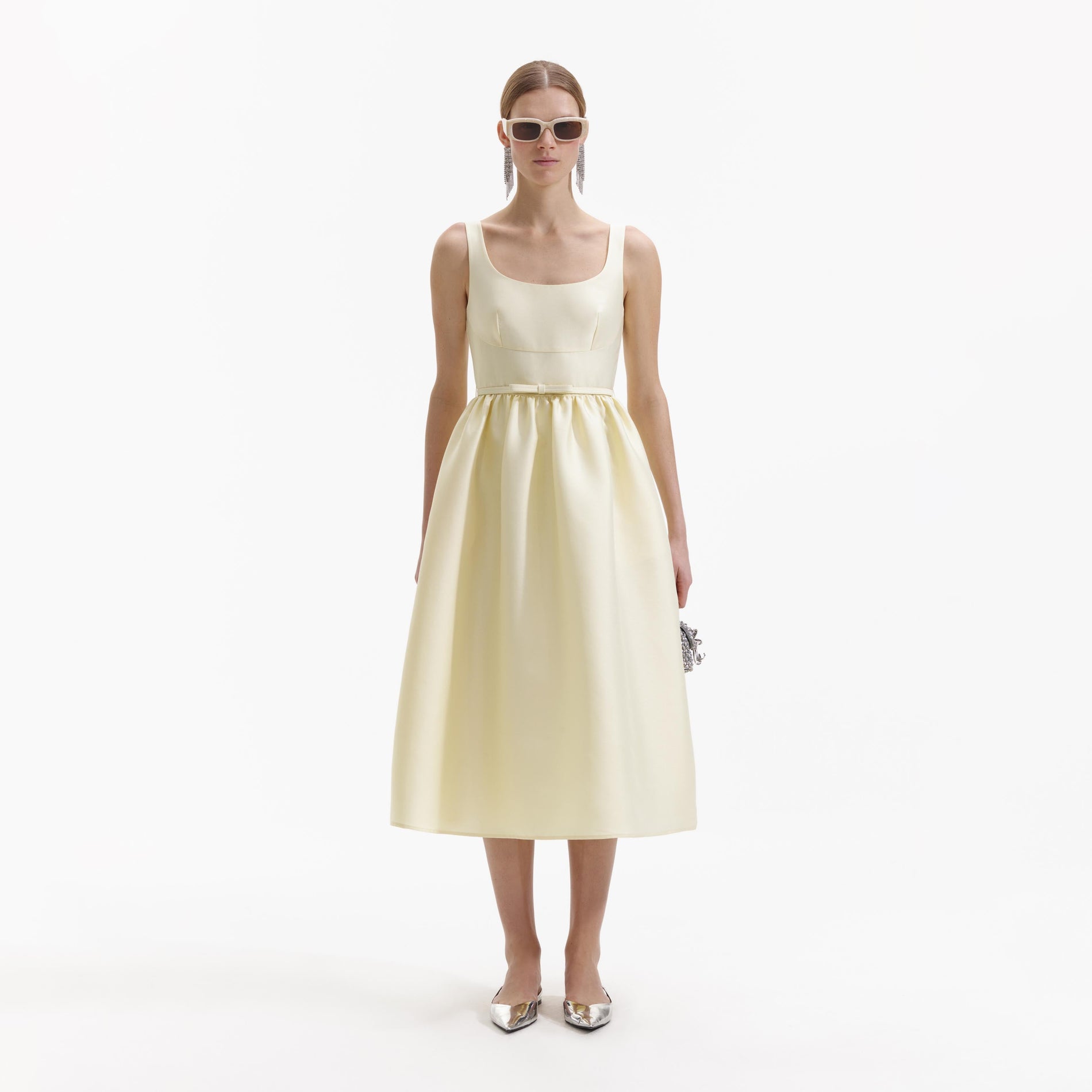Front view of a woman wearing the Yellow Taffeta Midi Dress