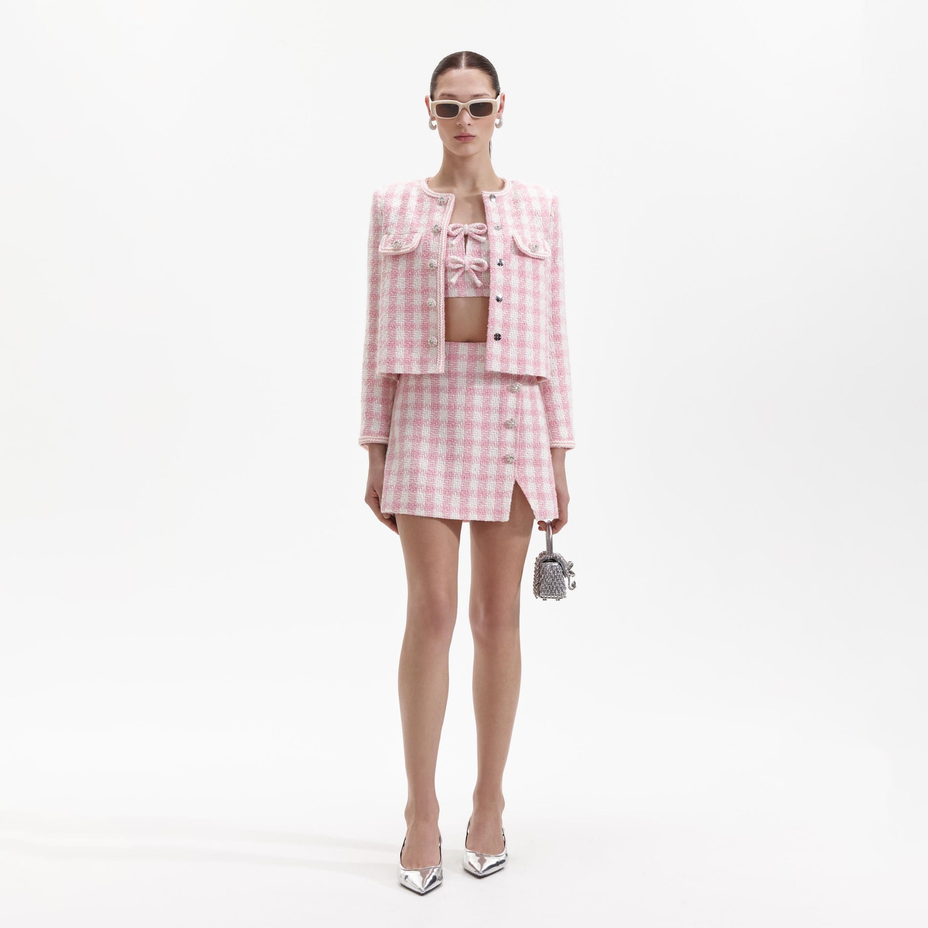 Front view of a woman wearing the Pink Check Boucle Jacket