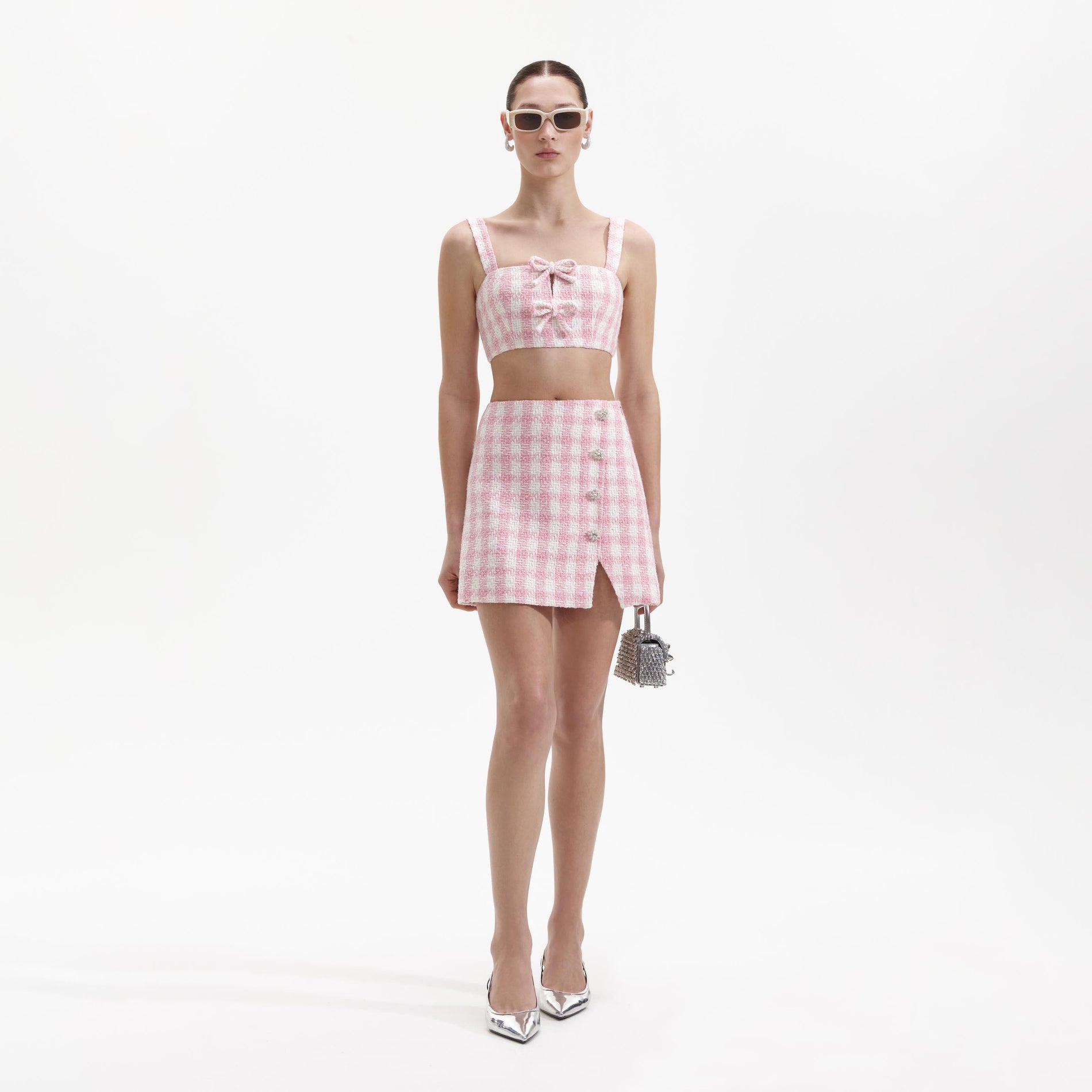 Front view of a woman wearing the Pink Check Boucle Crop Top
